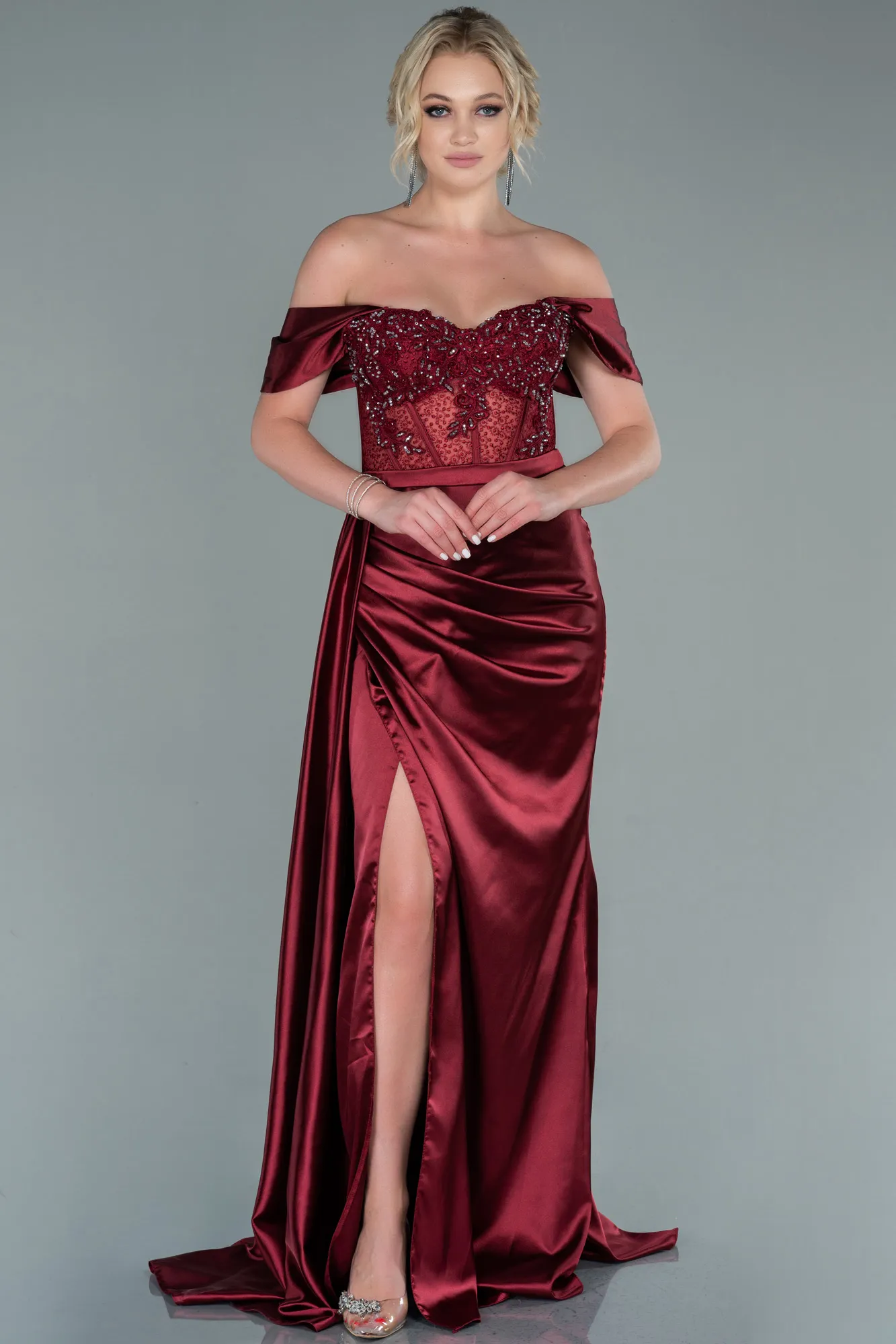 Burgundy-Long Satin Evening Dress ABU3446