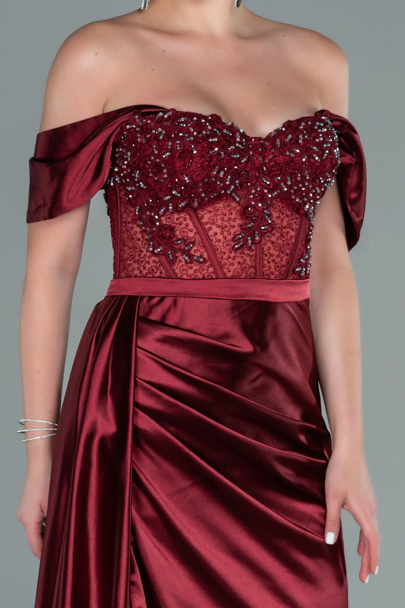 Burgundy-Long Satin Evening Dress ABU3446