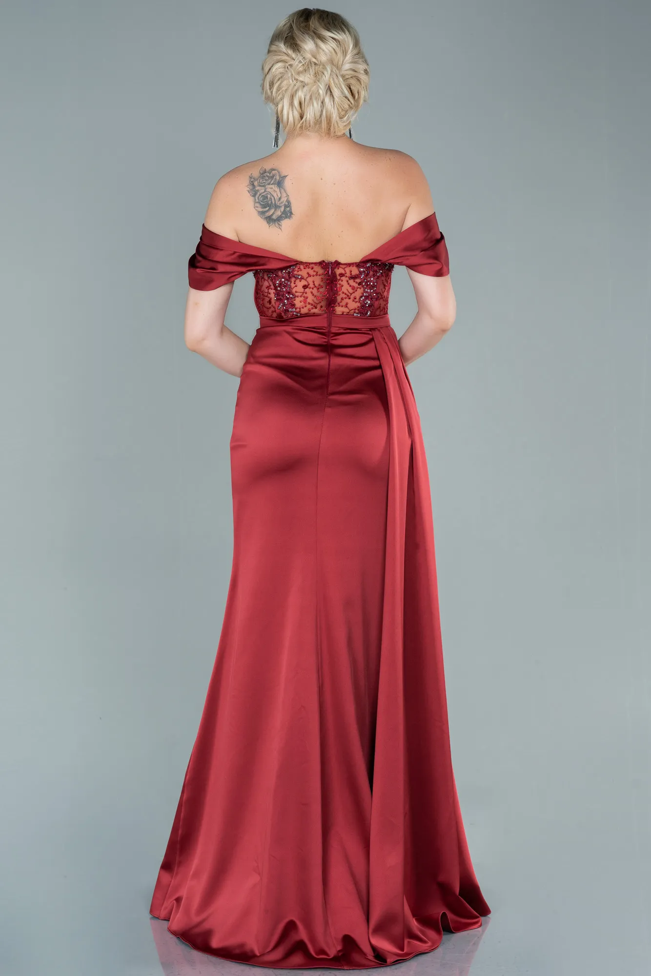 Burgundy-Long Satin Evening Dress ABU3448