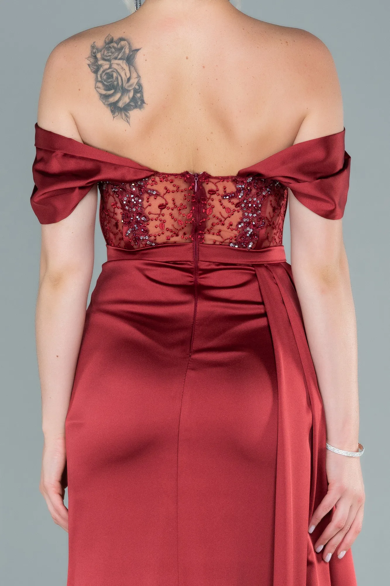 Burgundy-Long Satin Evening Dress ABU3448