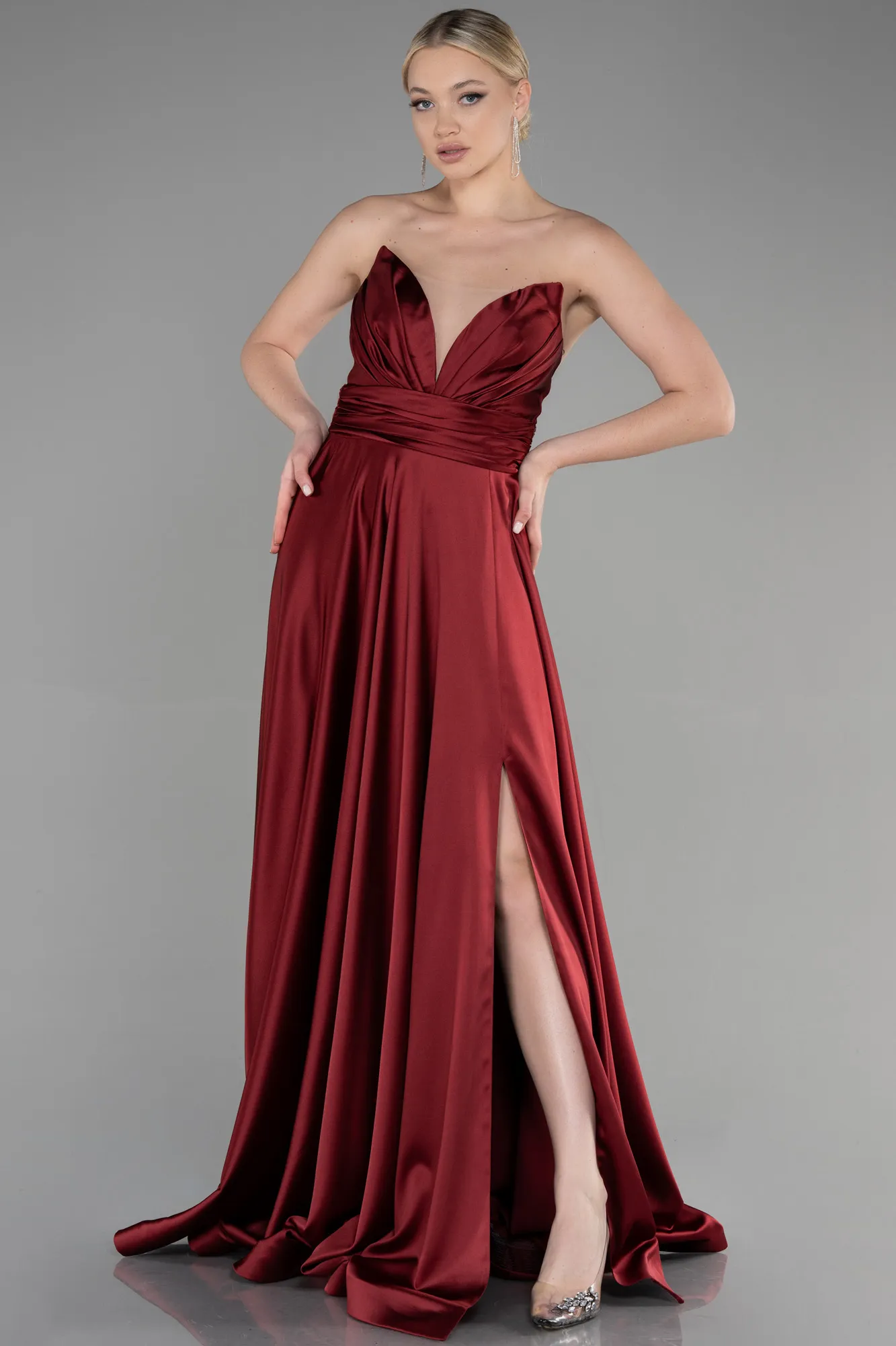 Burgundy-Long Satin Evening Dress ABU3502