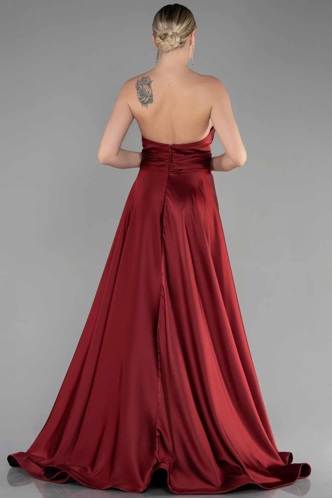 Burgundy-Long Satin Evening Dress ABU3502