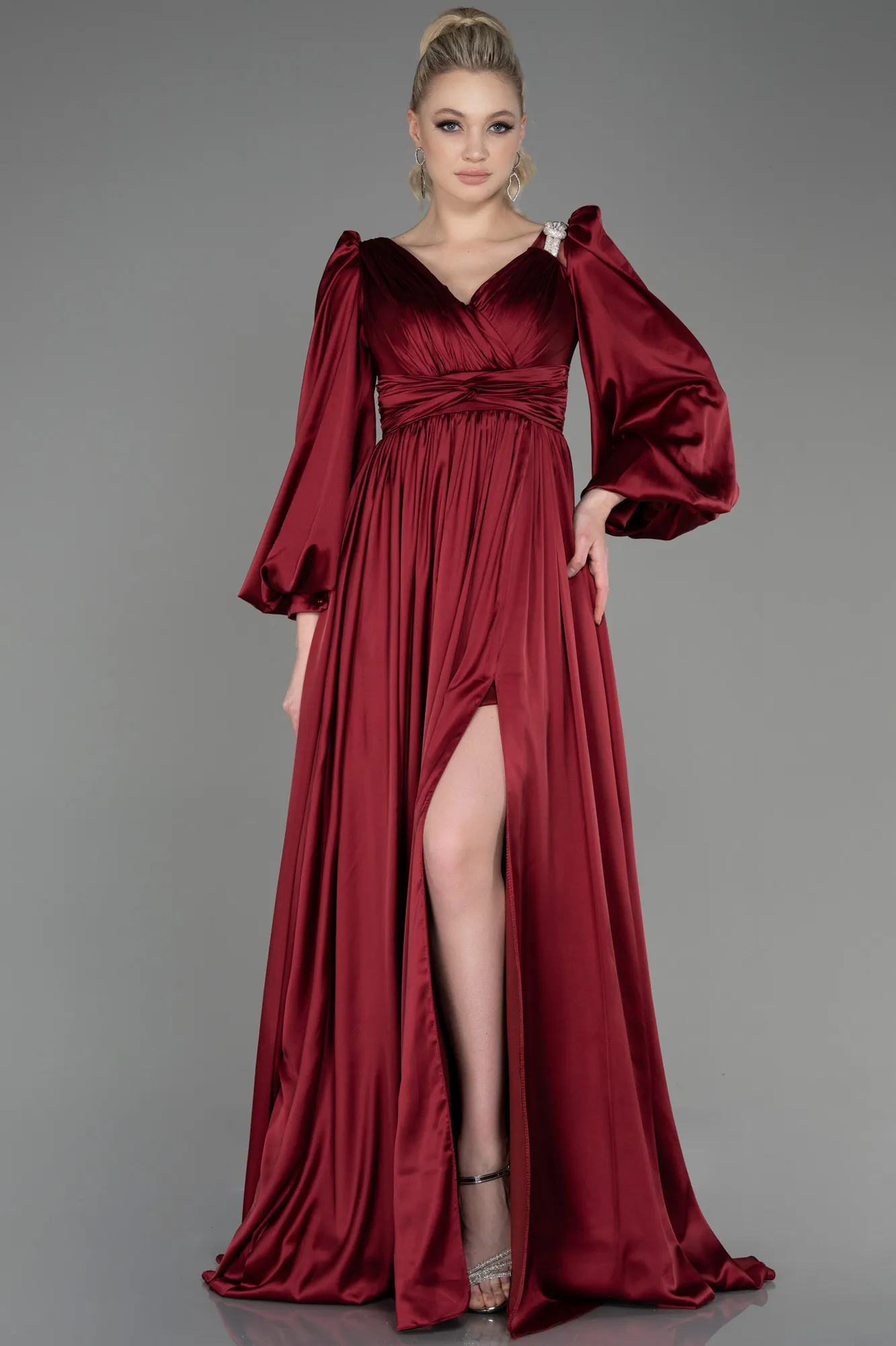 Burgundy-Long Satin Evening Dress ABU3710