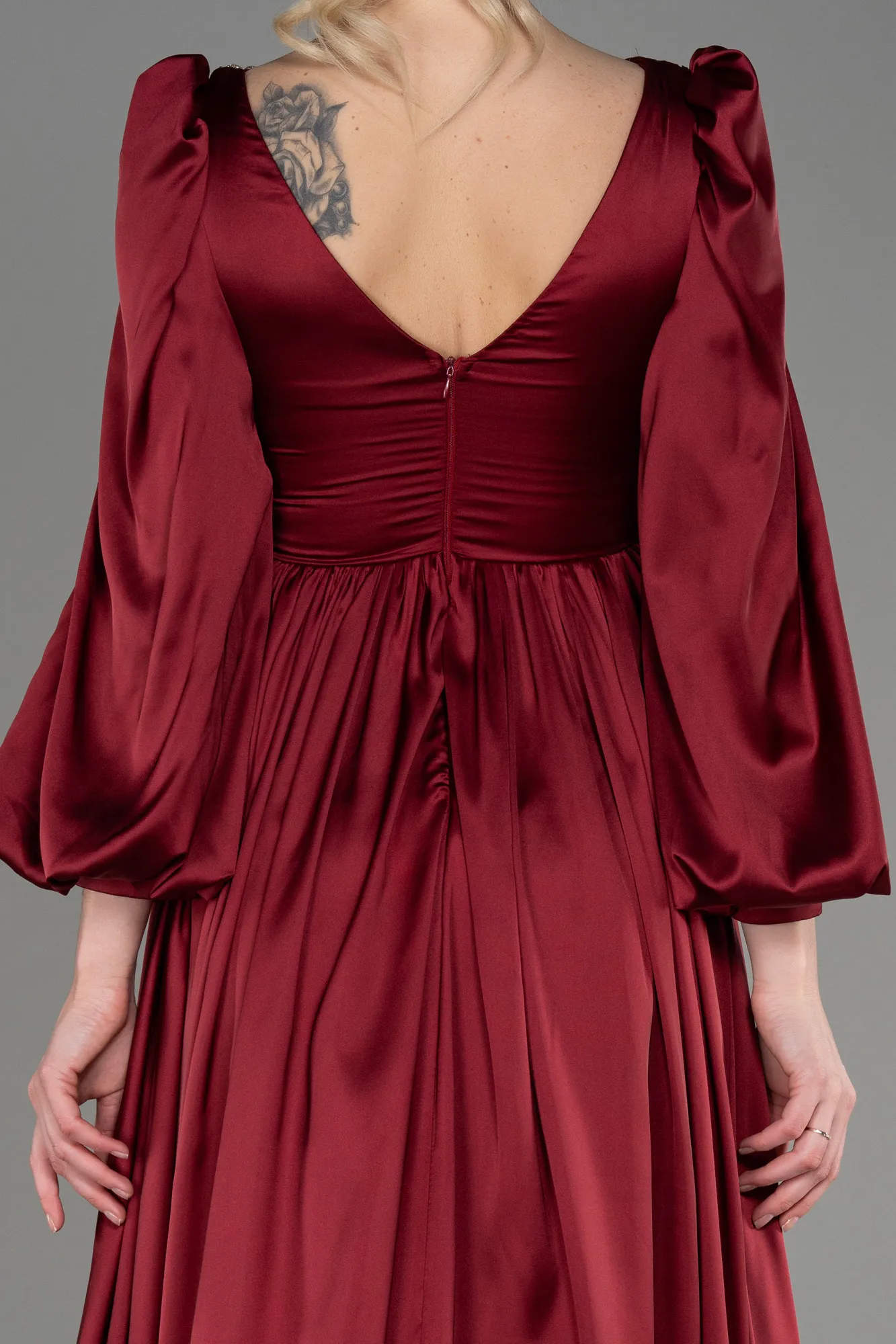 Burgundy-Long Satin Evening Dress ABU3710