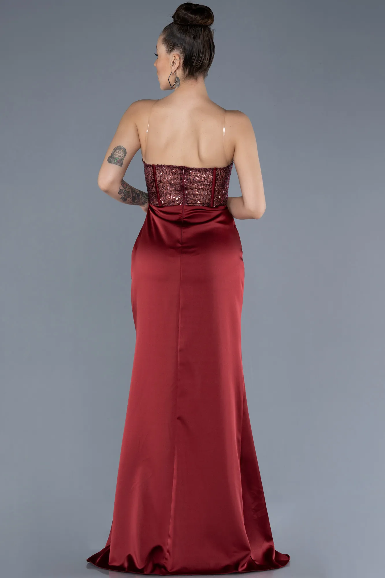 Burgundy-Long Satin Evening Dress ABU4568