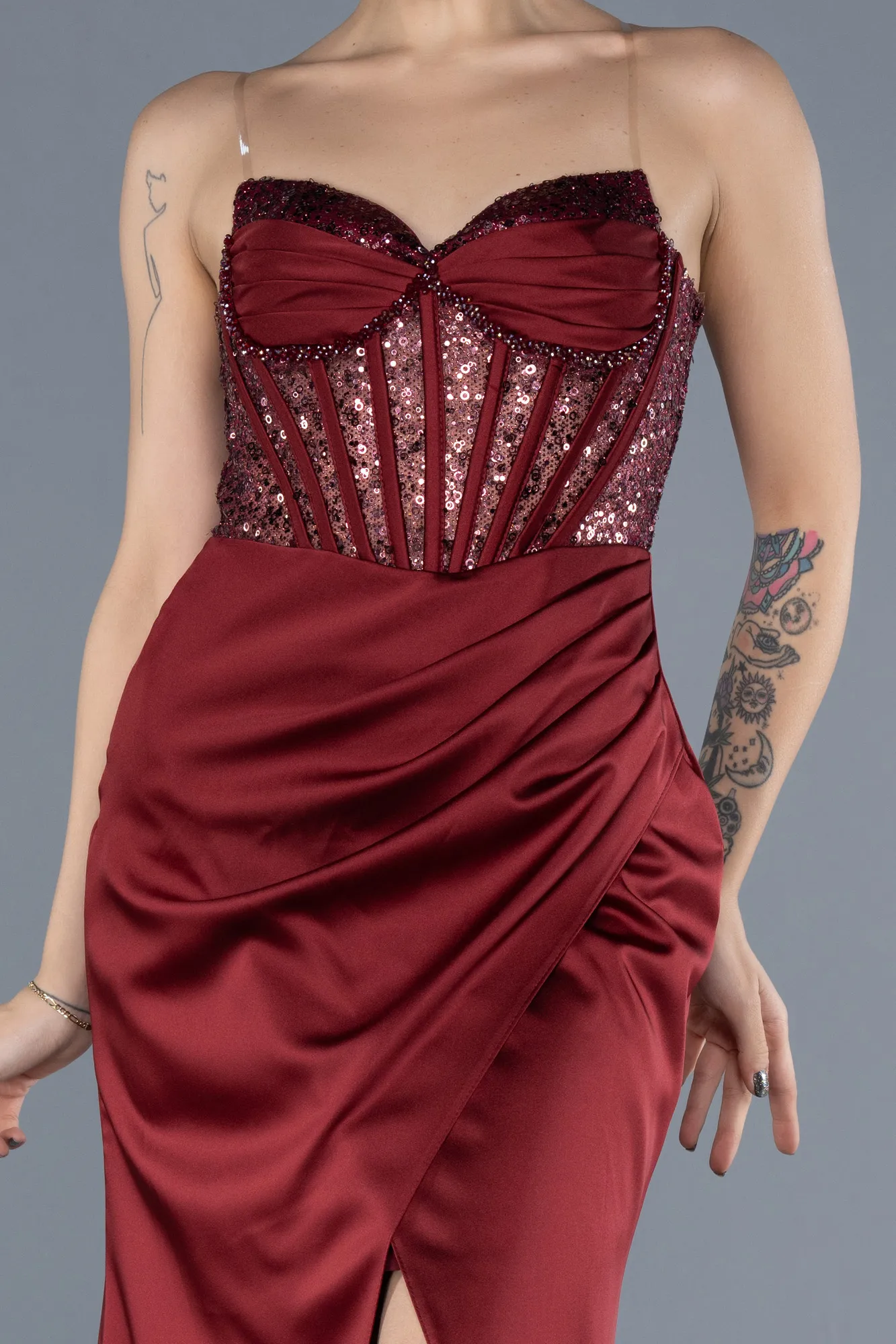 Burgundy-Long Satin Evening Dress ABU4568