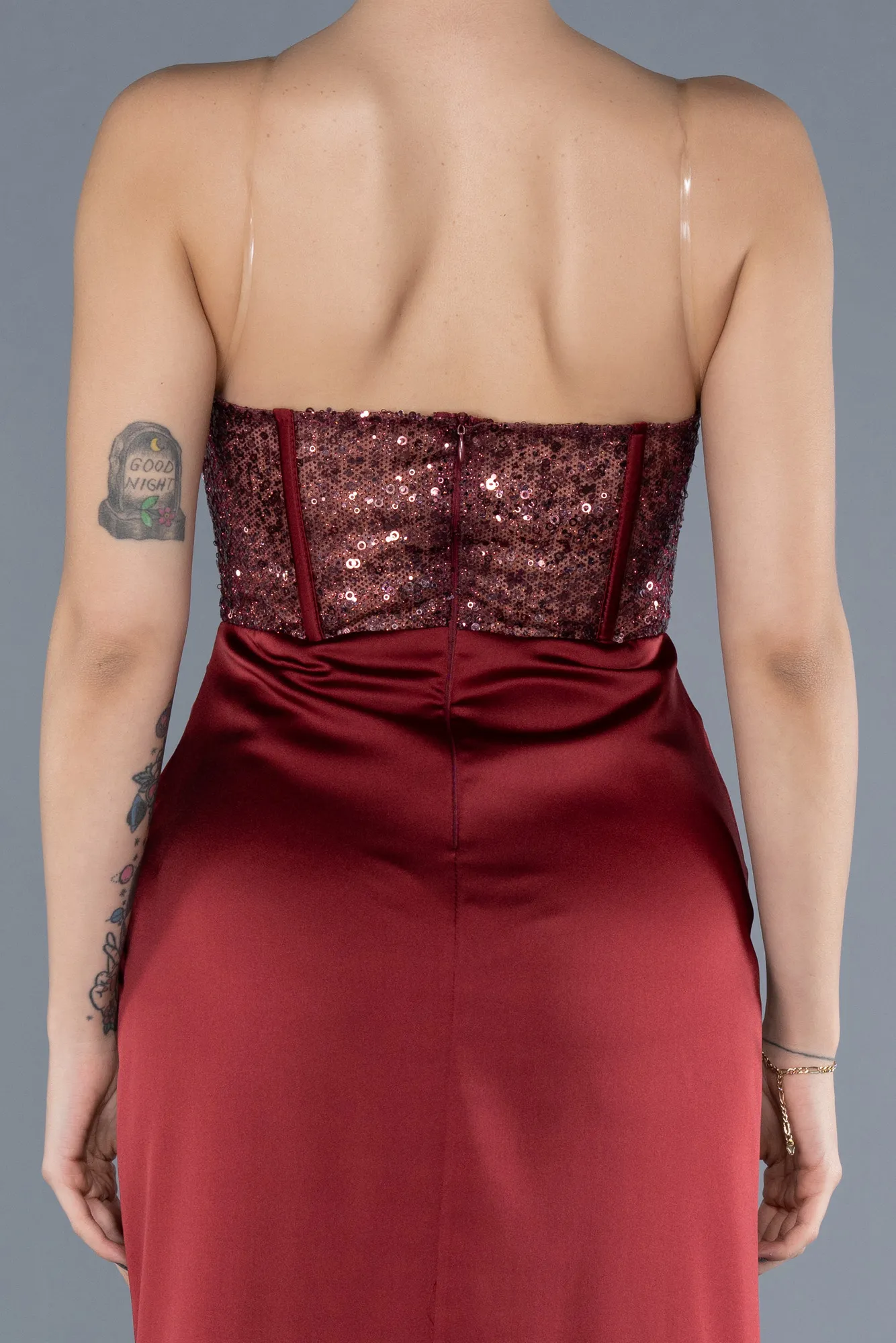 Burgundy-Long Satin Evening Dress ABU4568