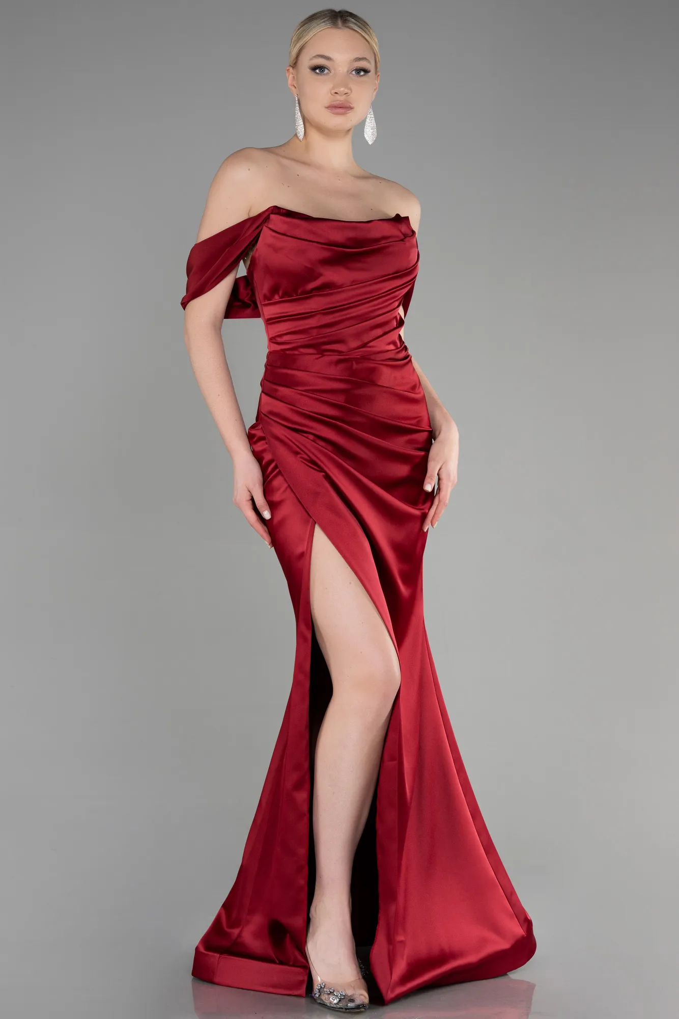 Burgundy-Long Satin Mermaid Evening Dress ABU3479
