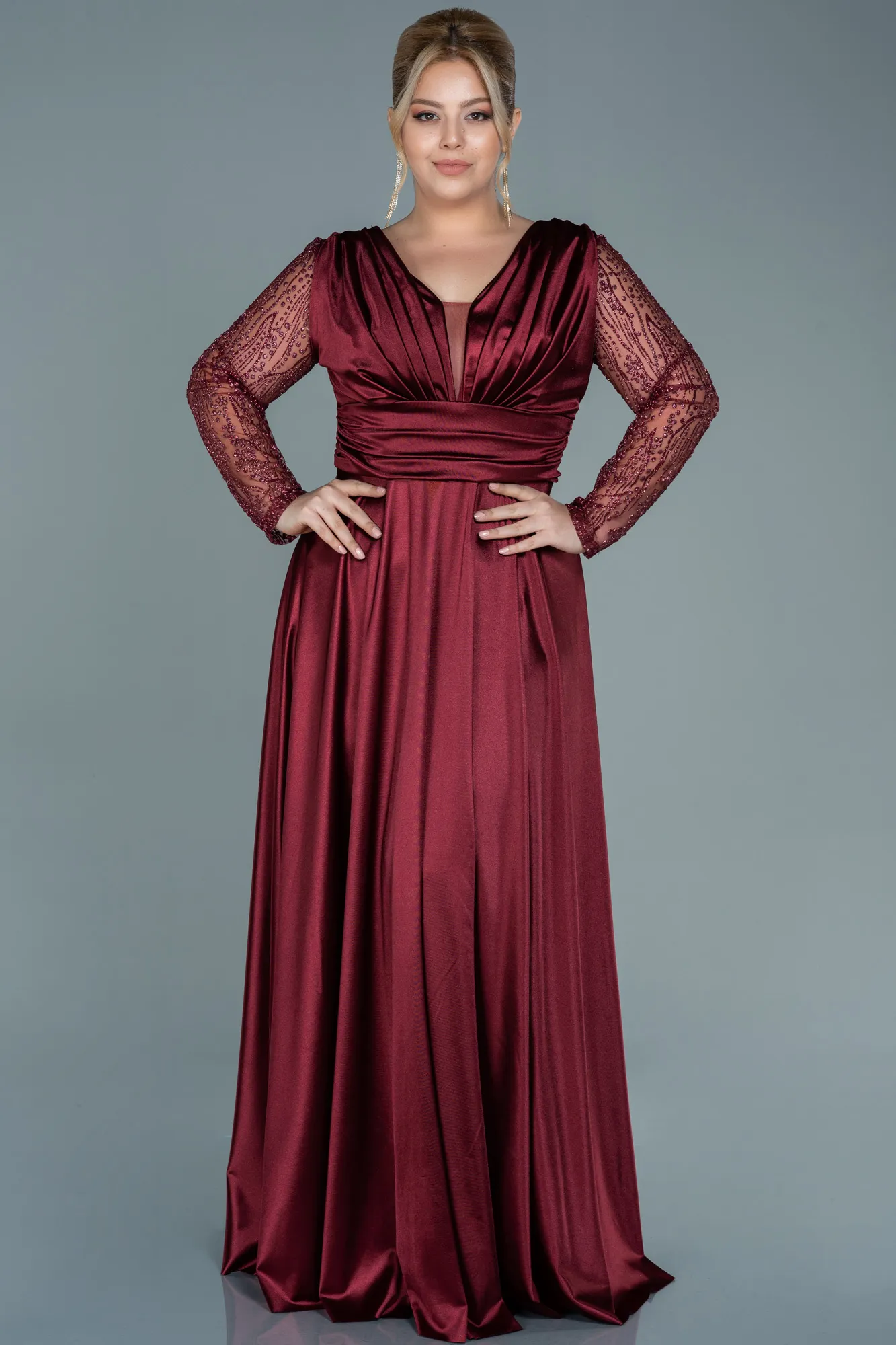 Burgundy-Long Satin Oversized Evening Dress ABU2641