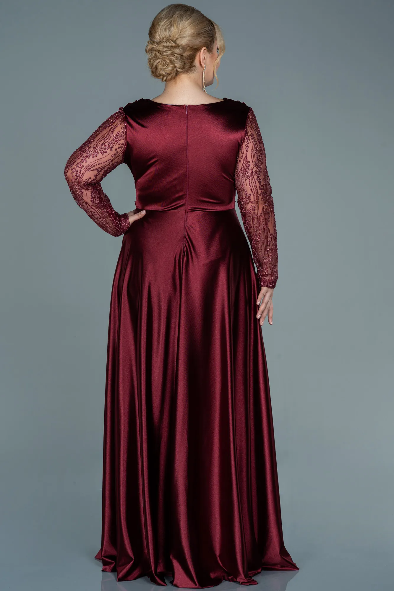 Burgundy-Long Satin Oversized Evening Dress ABU2641