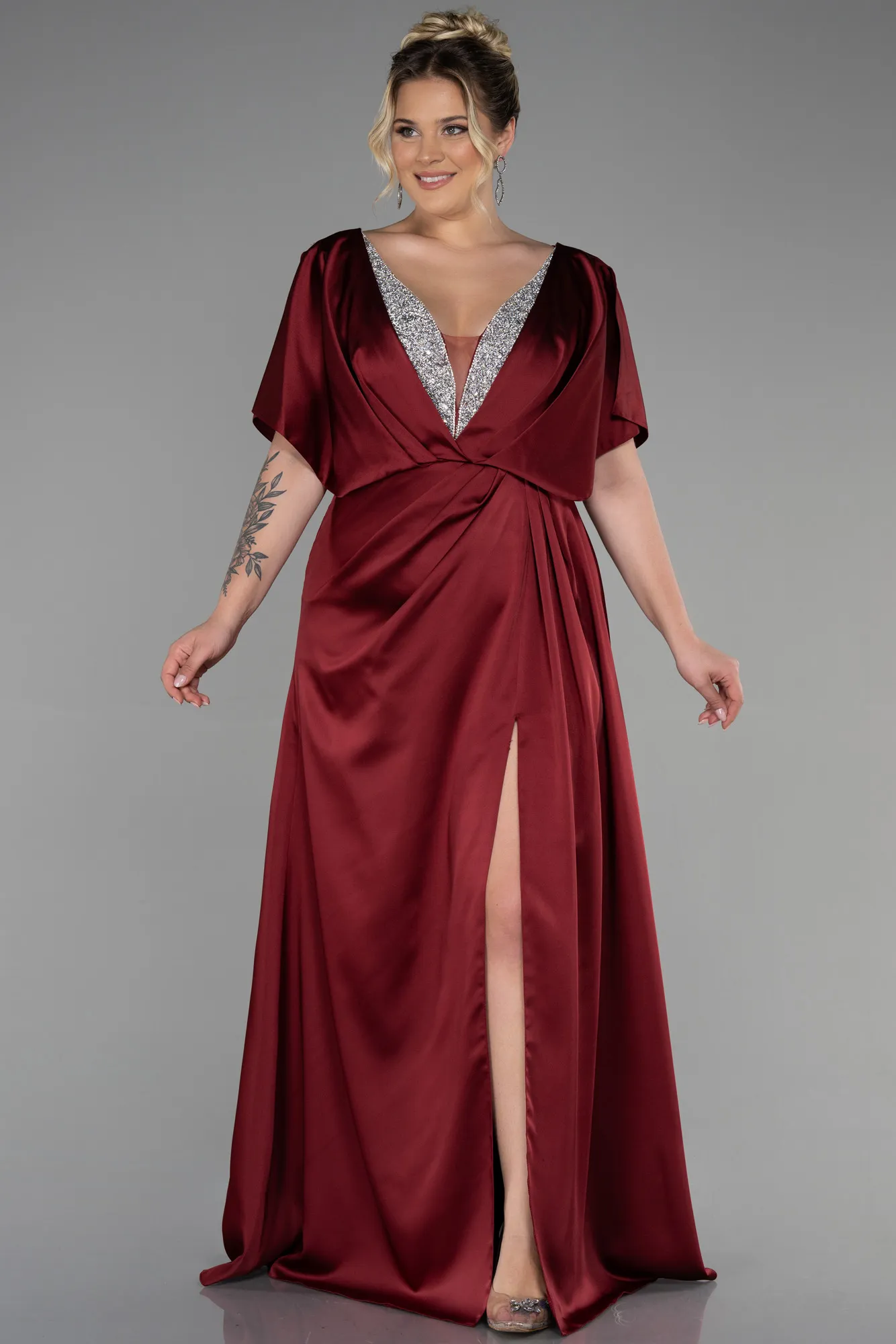 Burgundy-Long Satin Plus Size Engagement Dress ABU3442