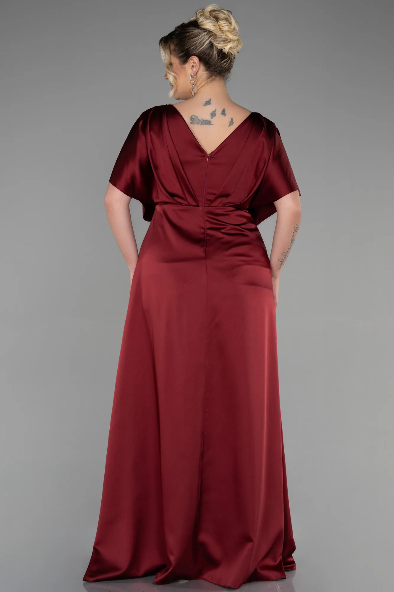 Burgundy-Long Satin Plus Size Engagement Dress ABU3442