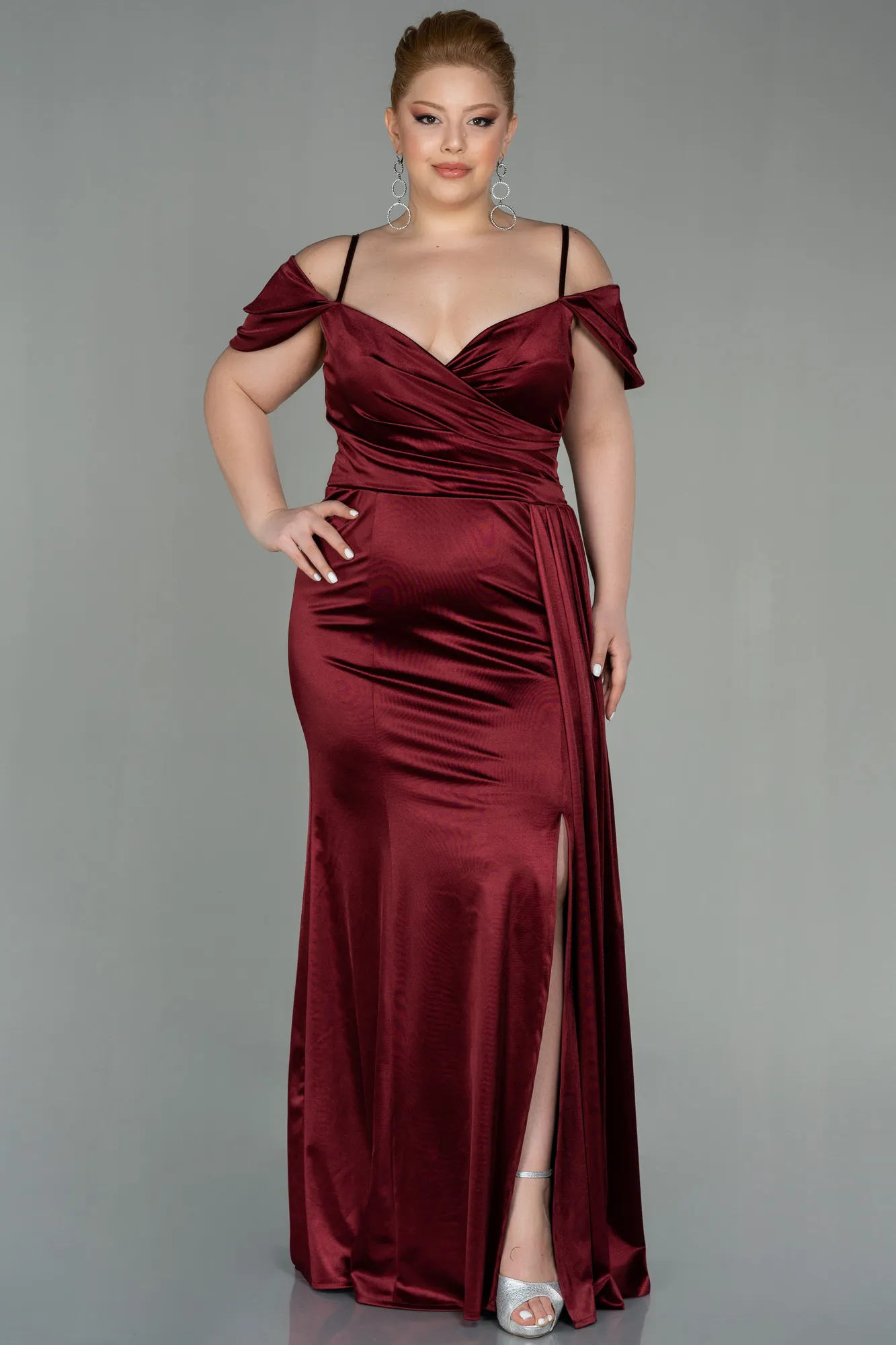 Burgundy-Long Satin Plus Size Evening Dress ABU2855