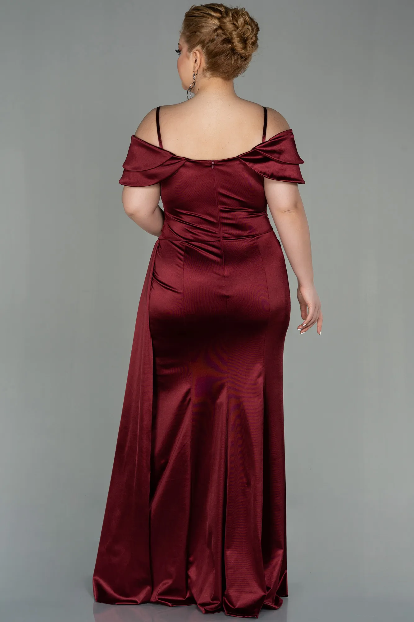 Burgundy-Long Satin Plus Size Evening Dress ABU2855