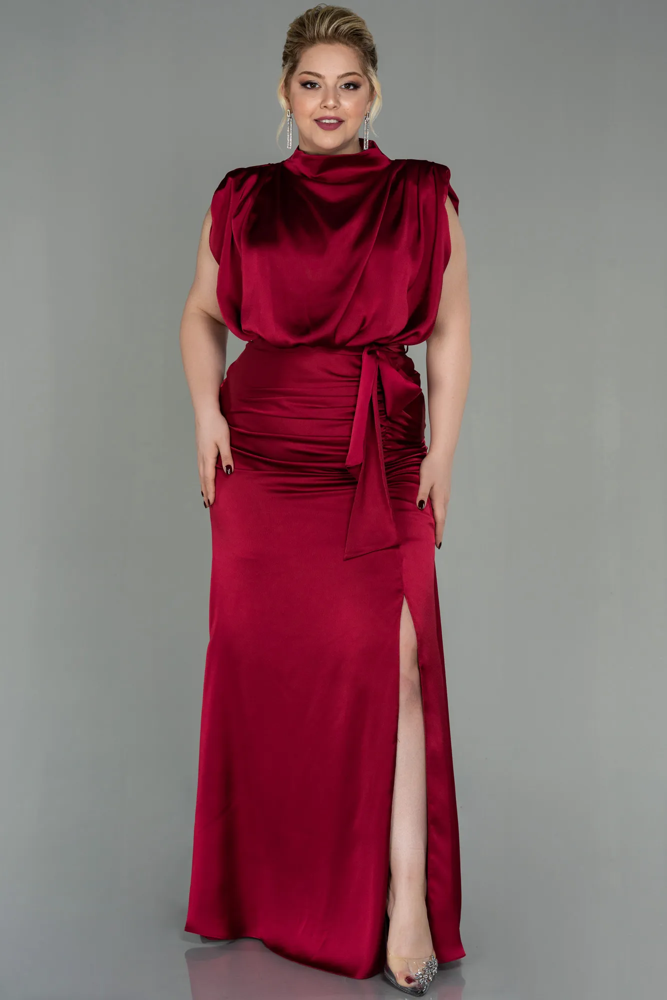 Burgundy-Long Satin Plus Size Evening Dress ABU2969