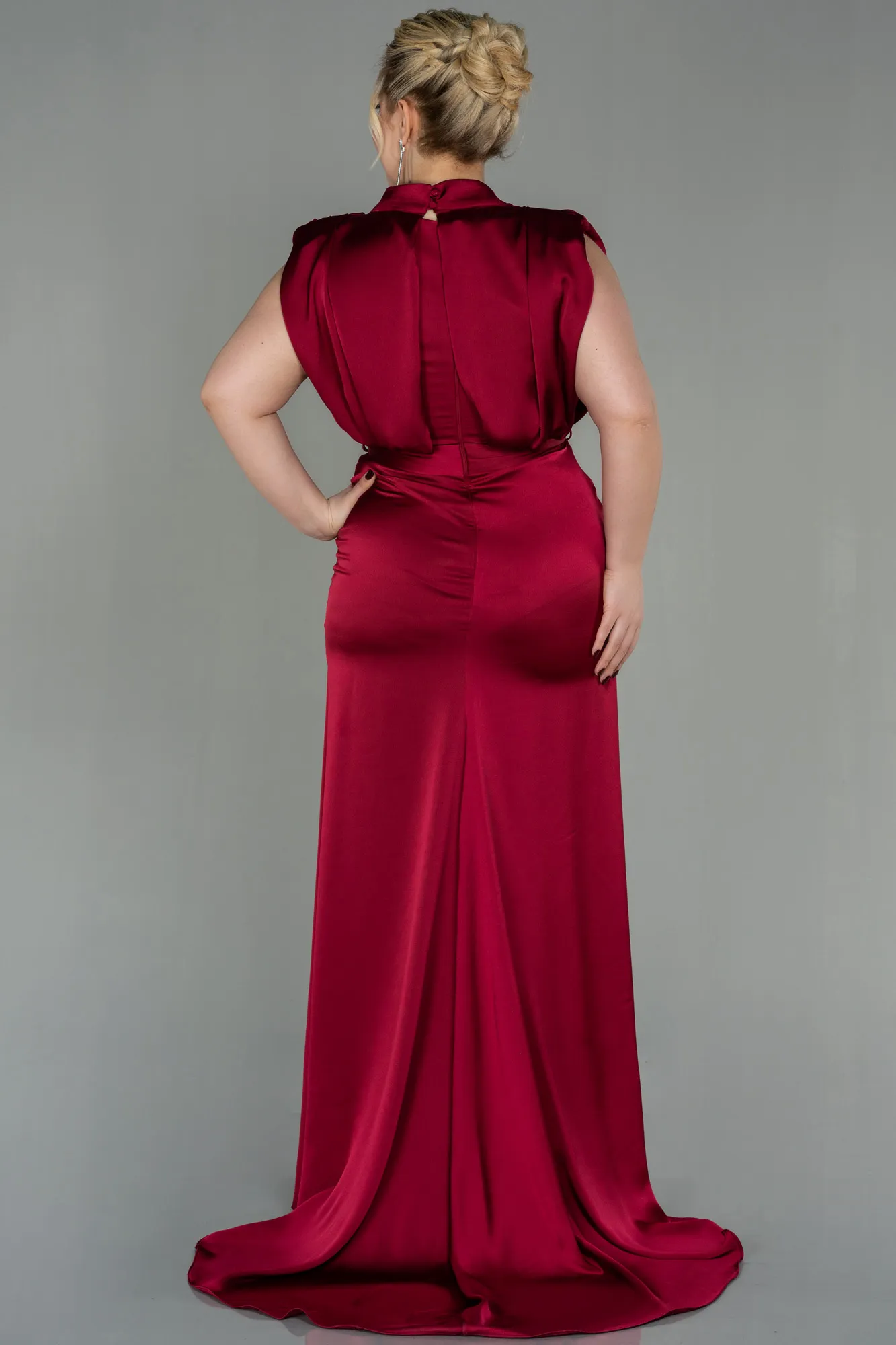 Burgundy-Long Satin Plus Size Evening Dress ABU2969