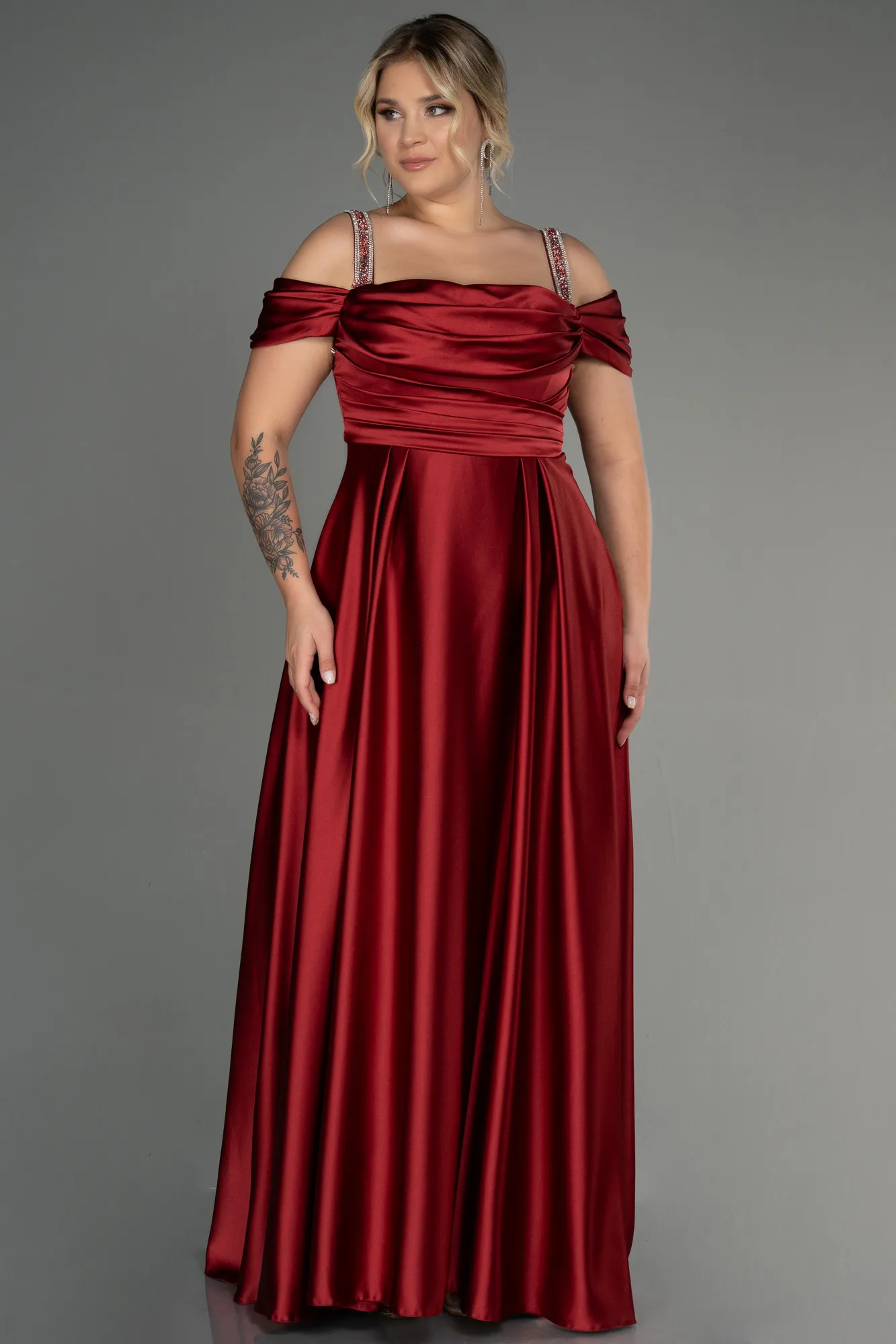 Burgundy-Long Satin Plus Size Evening Dress ABU3277