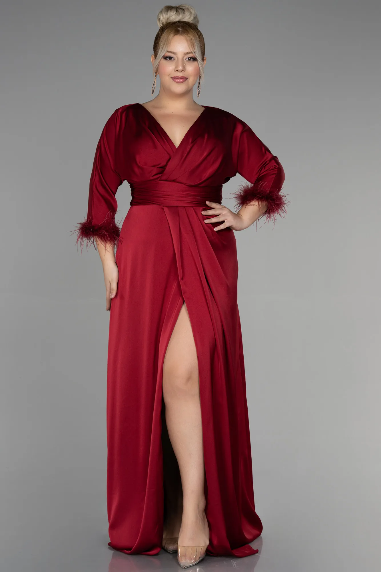 Burgundy-Long Satin Plus Size Evening Dress ABU3367
