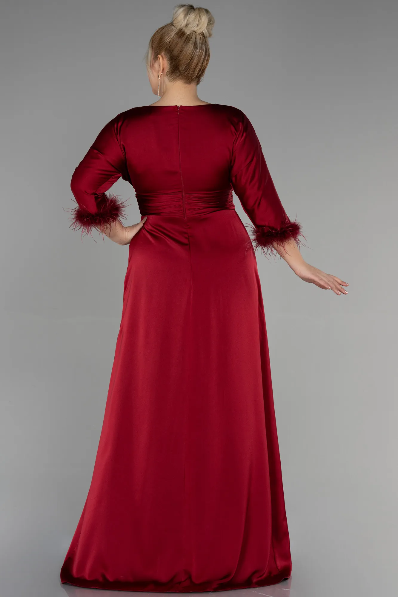 Burgundy-Long Satin Plus Size Evening Dress ABU3367