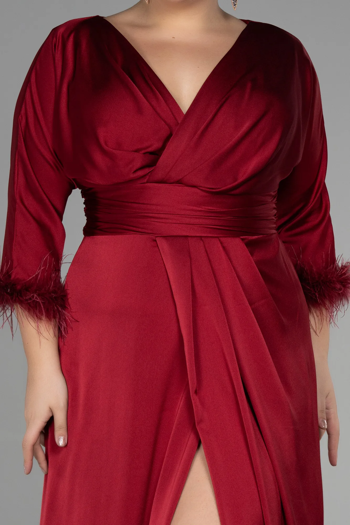 Burgundy-Long Satin Plus Size Evening Dress ABU3367