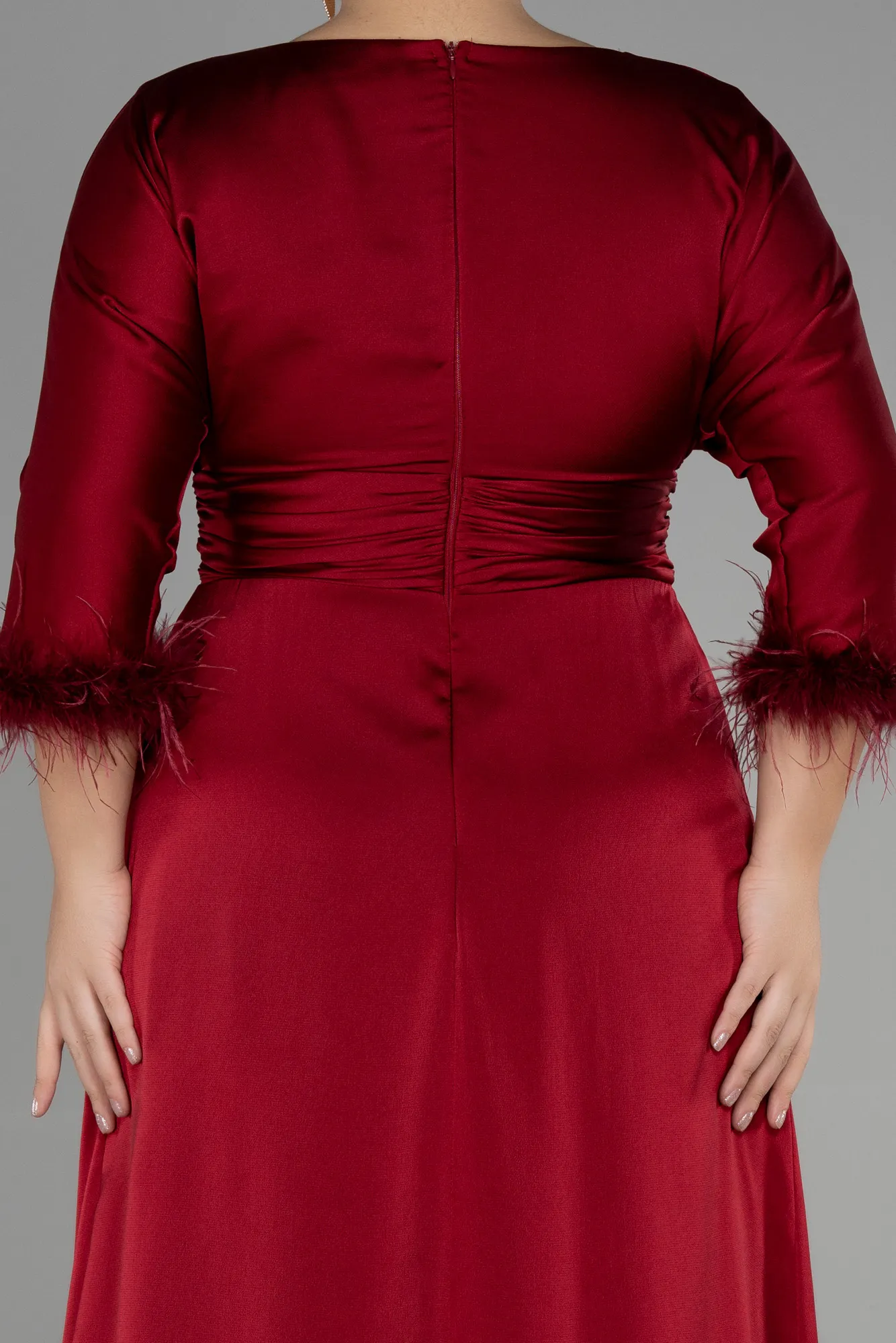 Burgundy-Long Satin Plus Size Evening Dress ABU3367