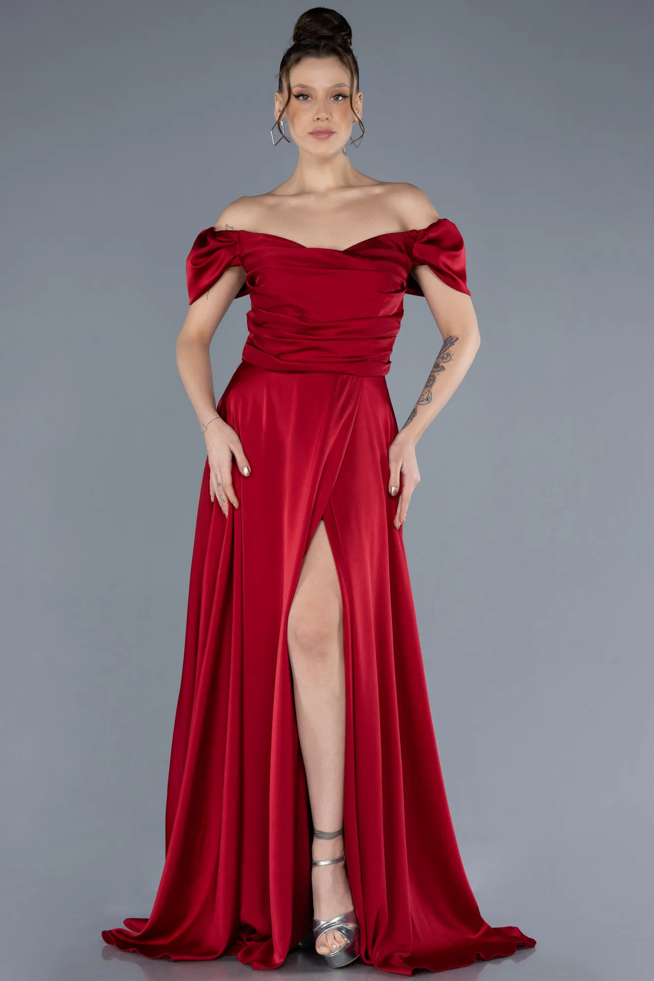 Burgundy-Long Satin Plus Size Evening Dress ABU4576