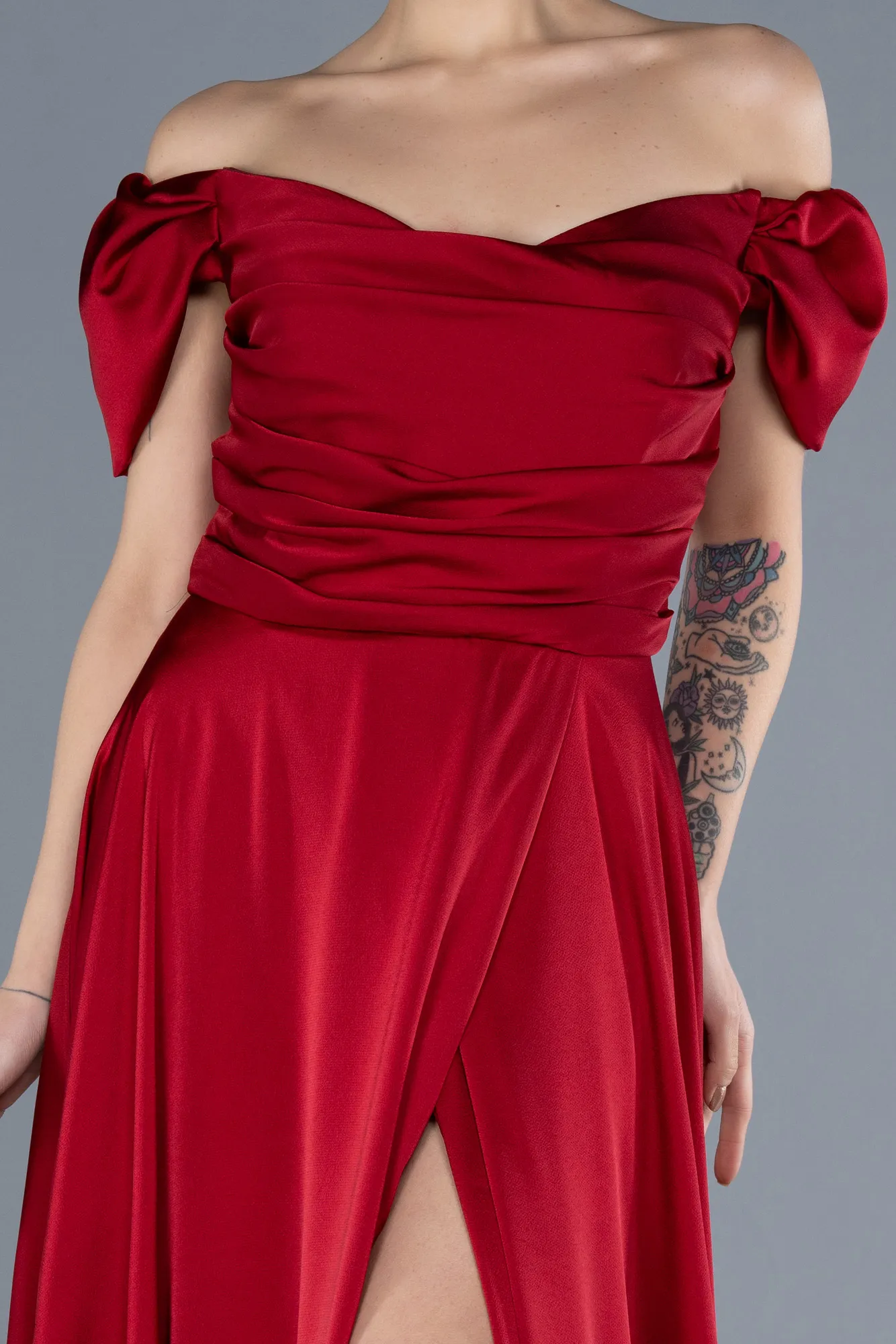 Burgundy-Long Satin Plus Size Evening Dress ABU4576