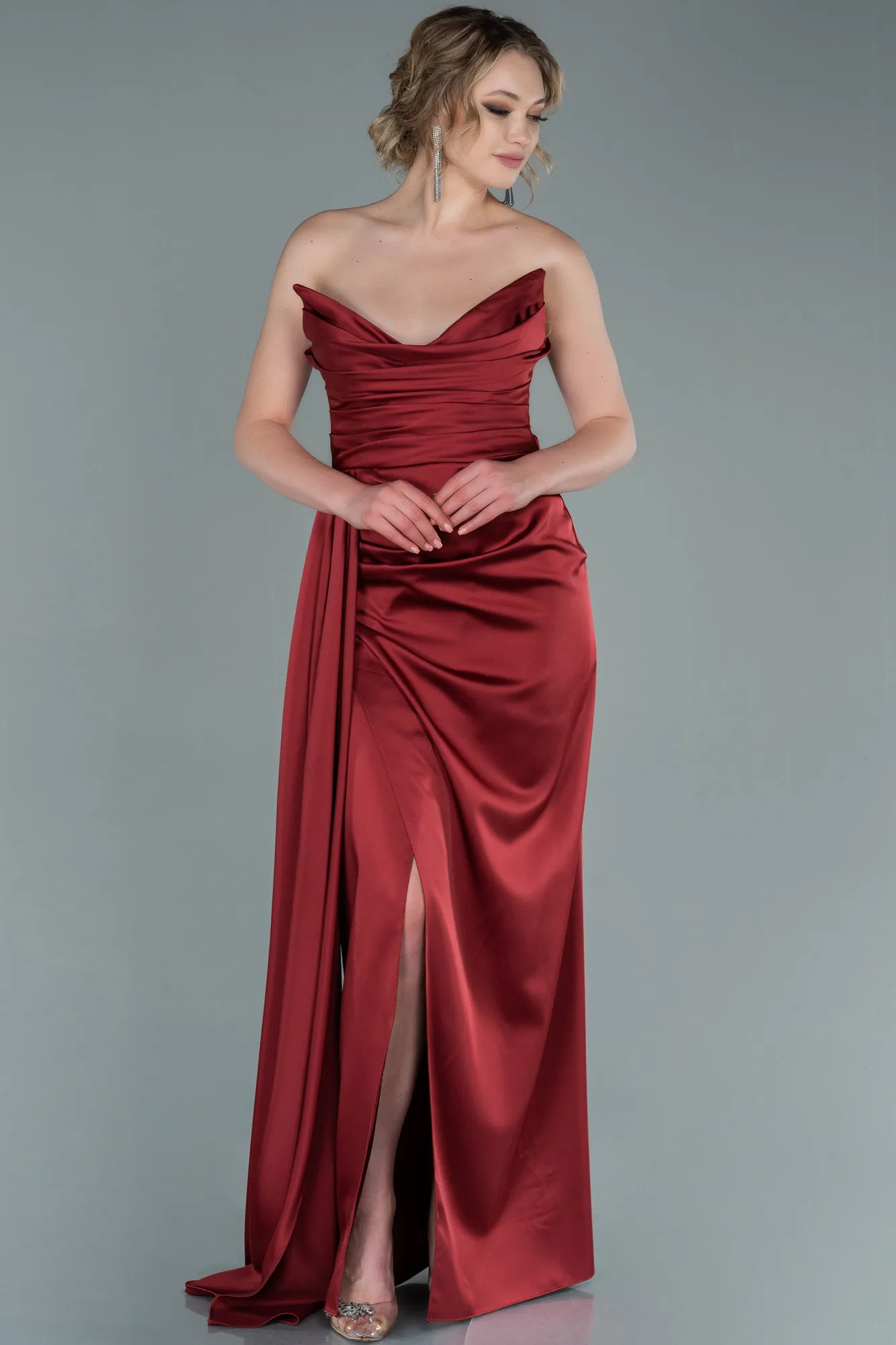 Burgundy-Long Satin Prom Gown ABU2340