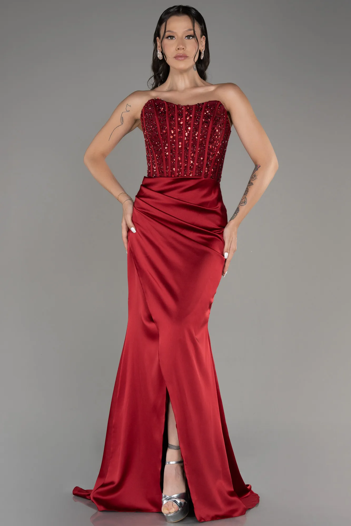 Burgundy-Long Satin Prom Gown ABU3883