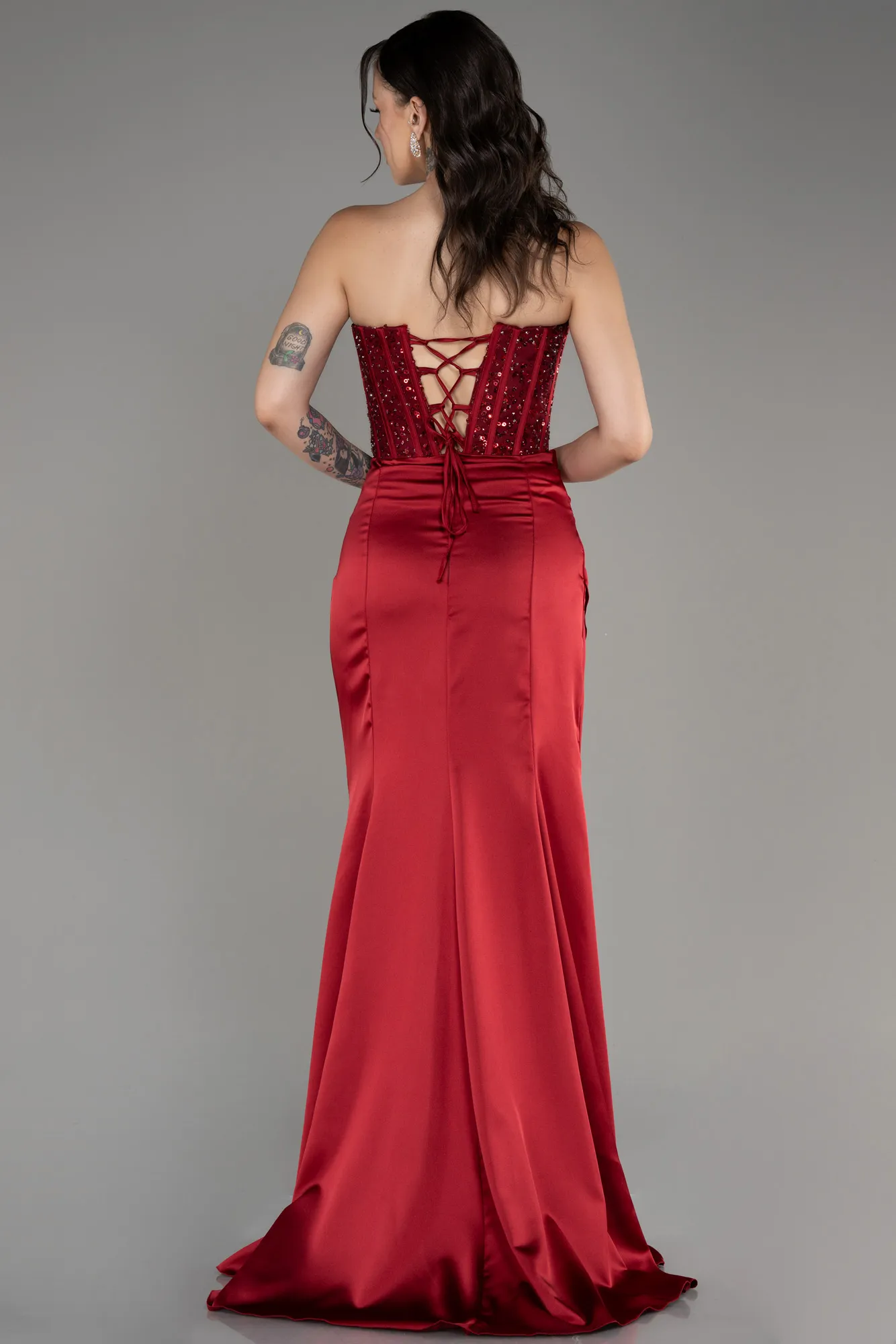 Burgundy-Long Satin Prom Gown ABU3883