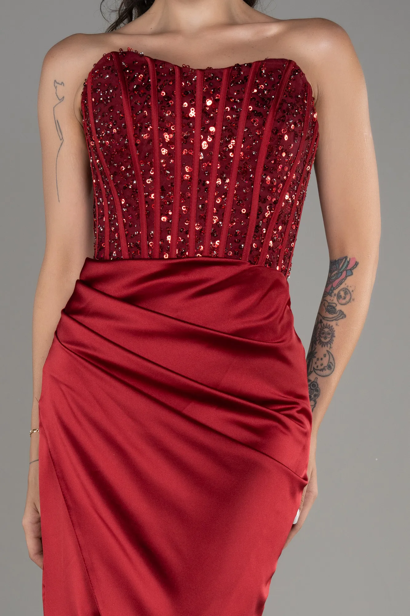 Burgundy-Long Satin Prom Gown ABU3883