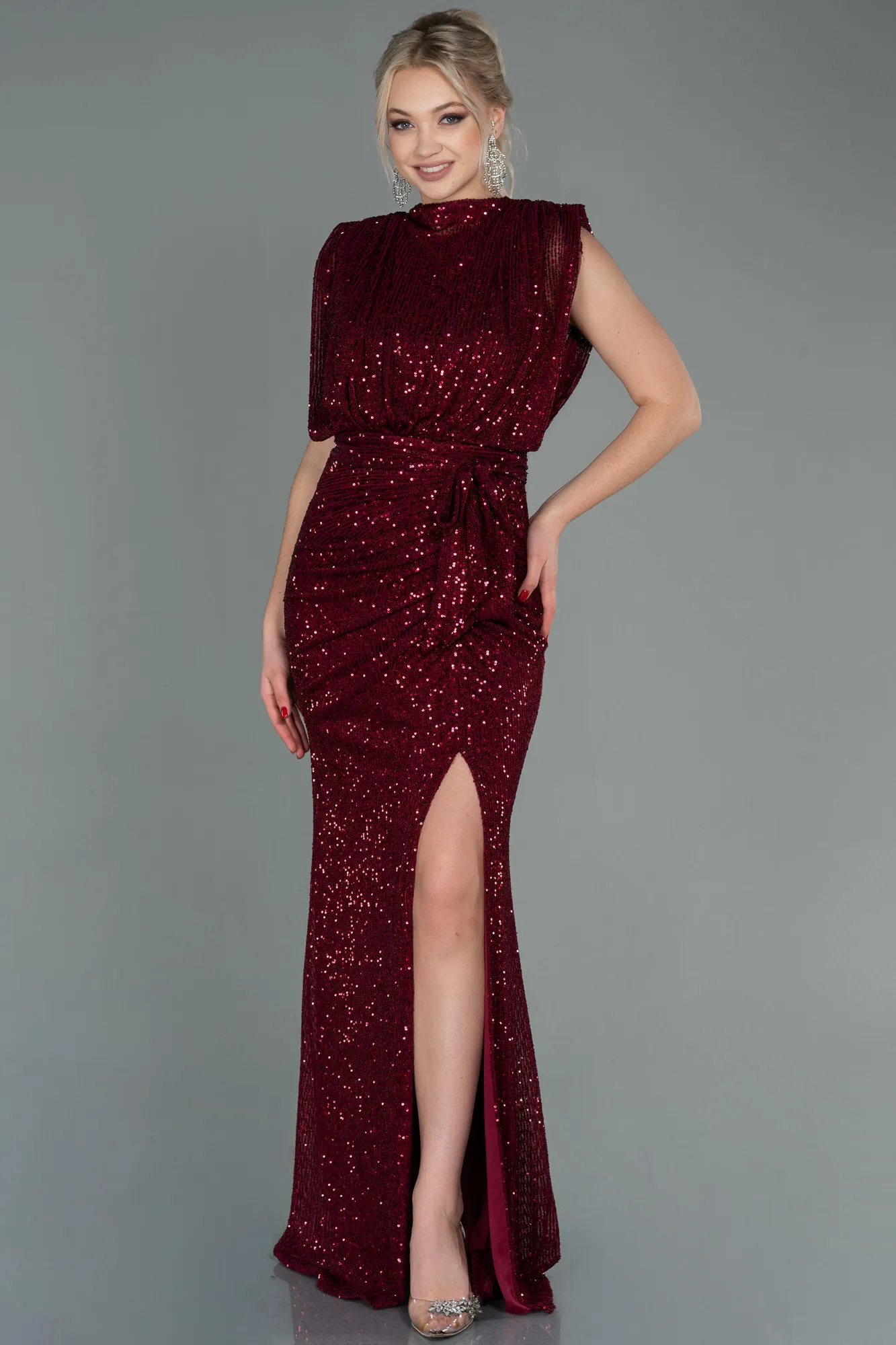 Burgundy-Long Scaly Evening Dress ABU2752