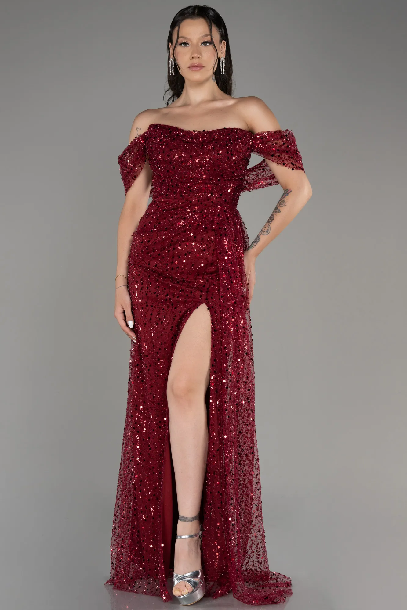 Burgundy-Long Scaly Evening Dress ABU3577