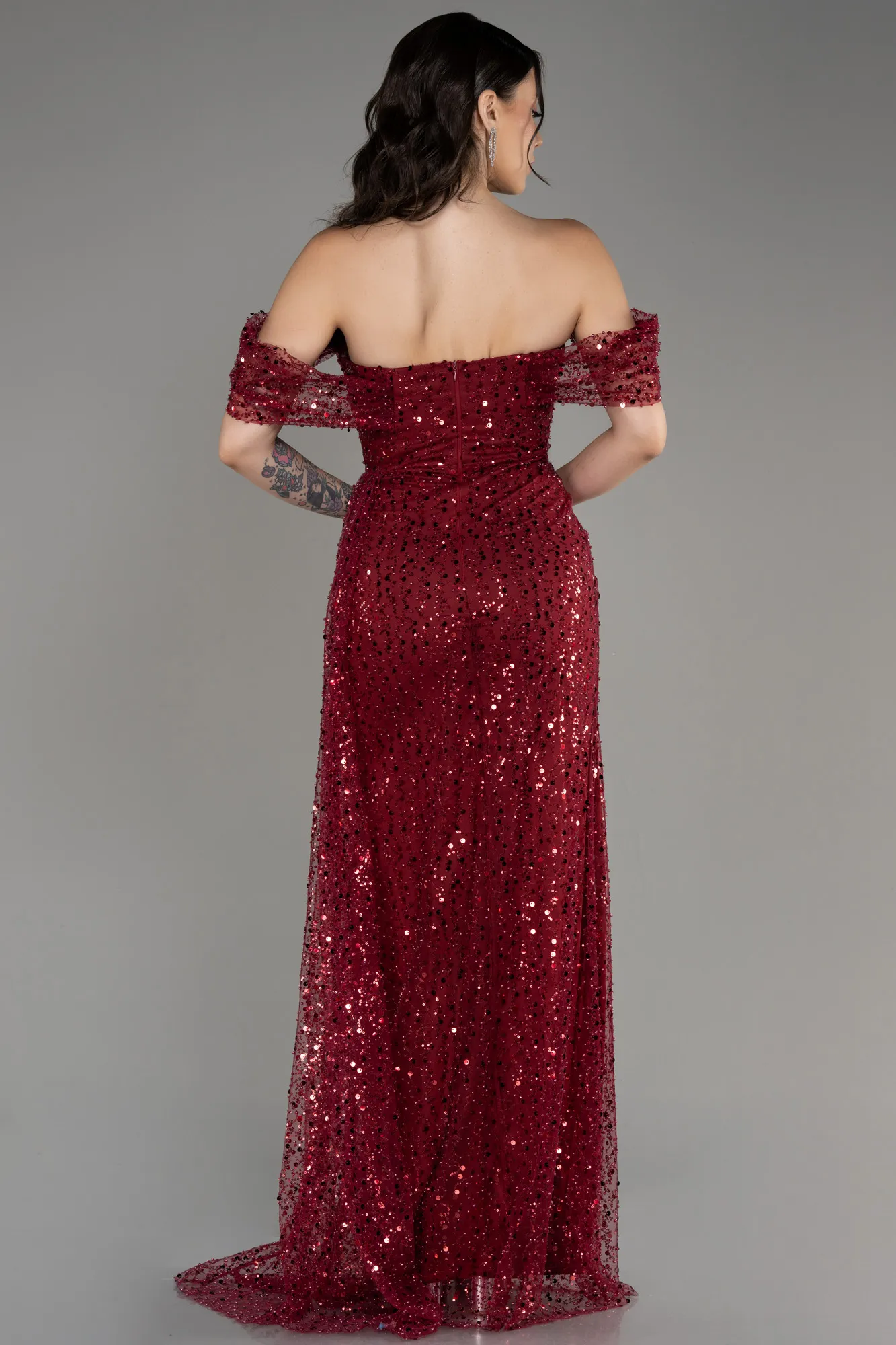 Burgundy-Long Scaly Evening Dress ABU3577