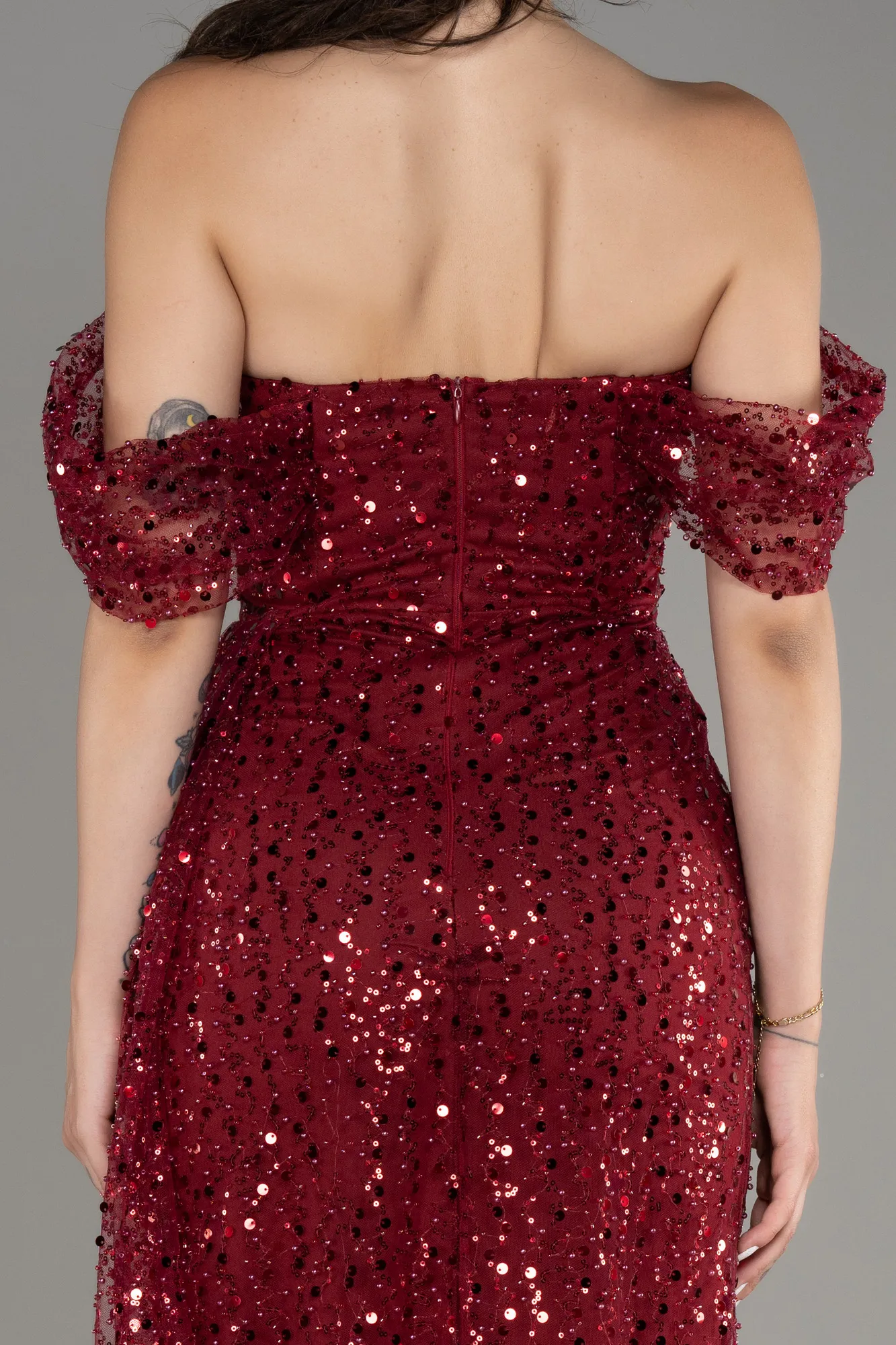 Burgundy-Long Scaly Evening Dress ABU3577