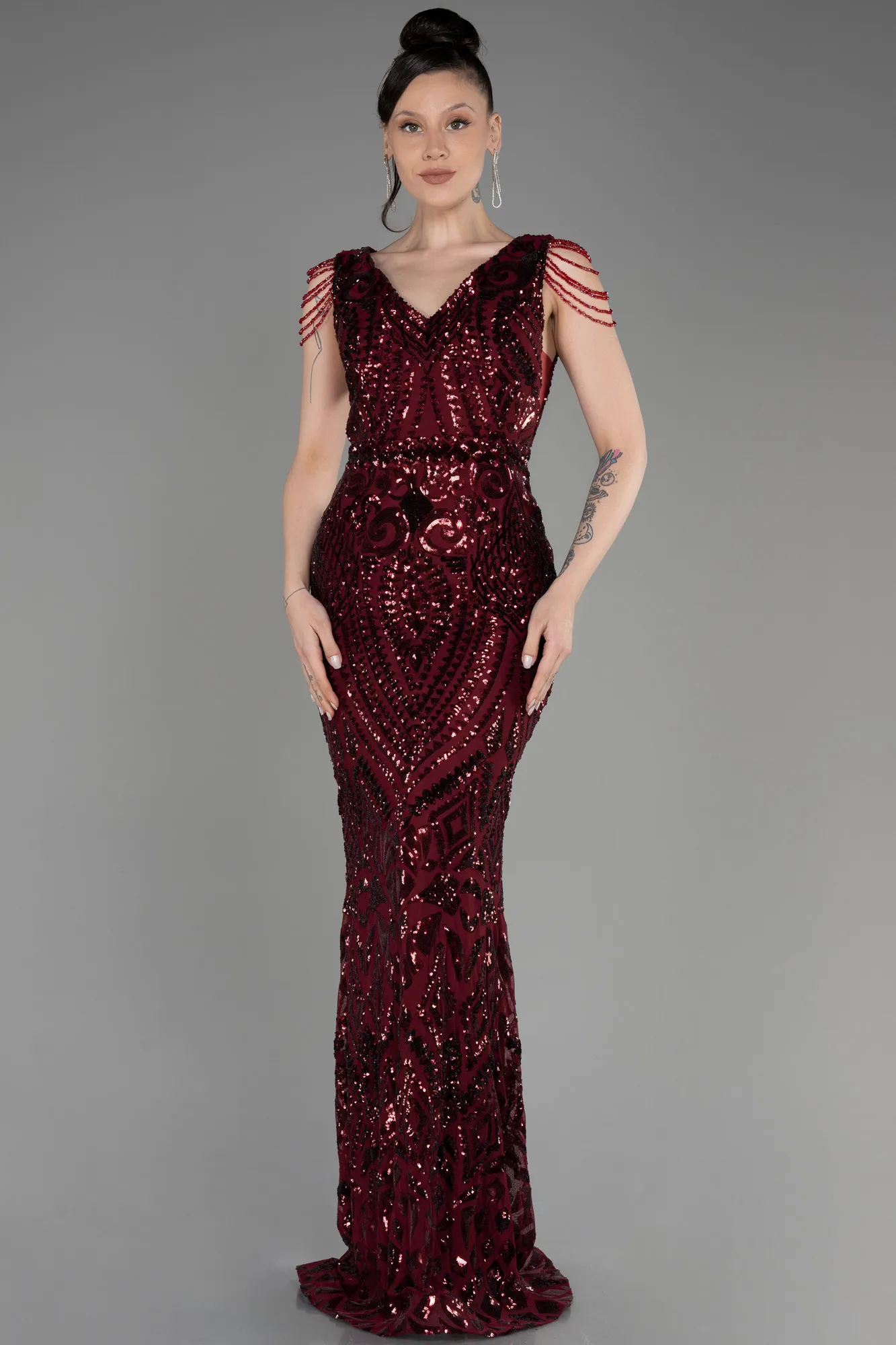Burgundy-Long Scaly Mermaid Evening Dress ABU3842