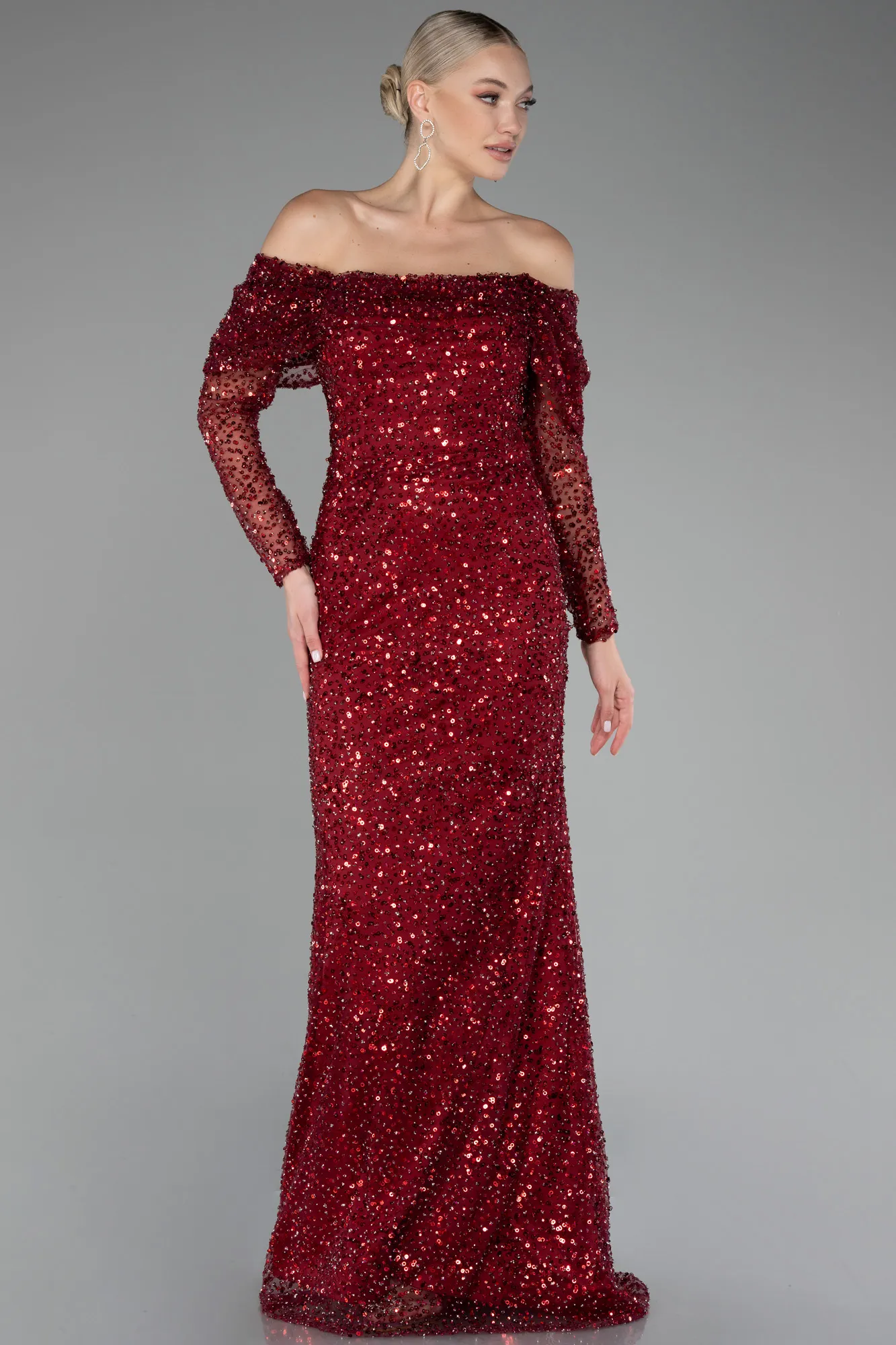 Burgundy-Long Scaly Mermaid Evening Gown ABU3985