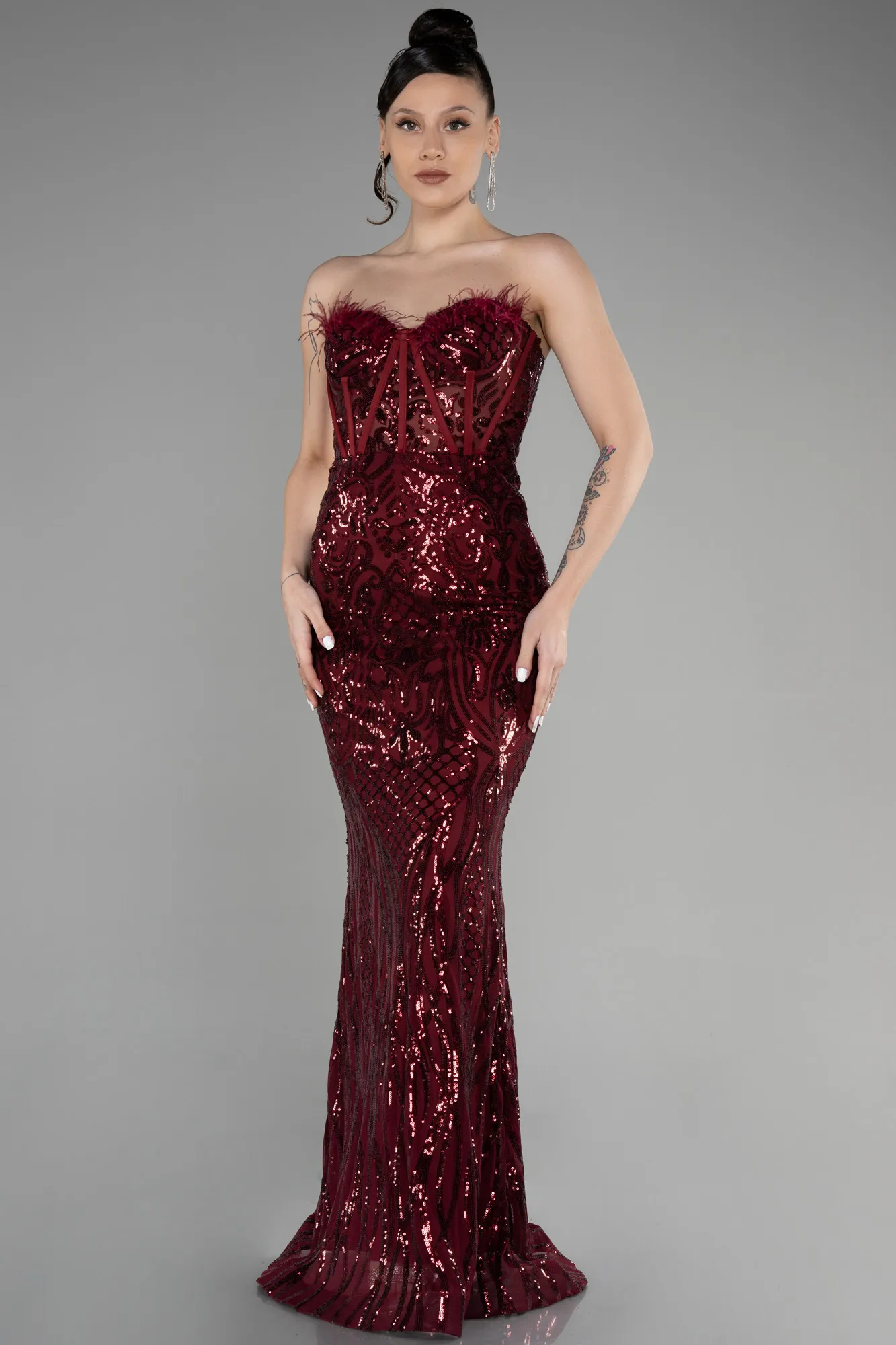 Burgundy-Long Scaly Mermaid Prom Dress ABU3550