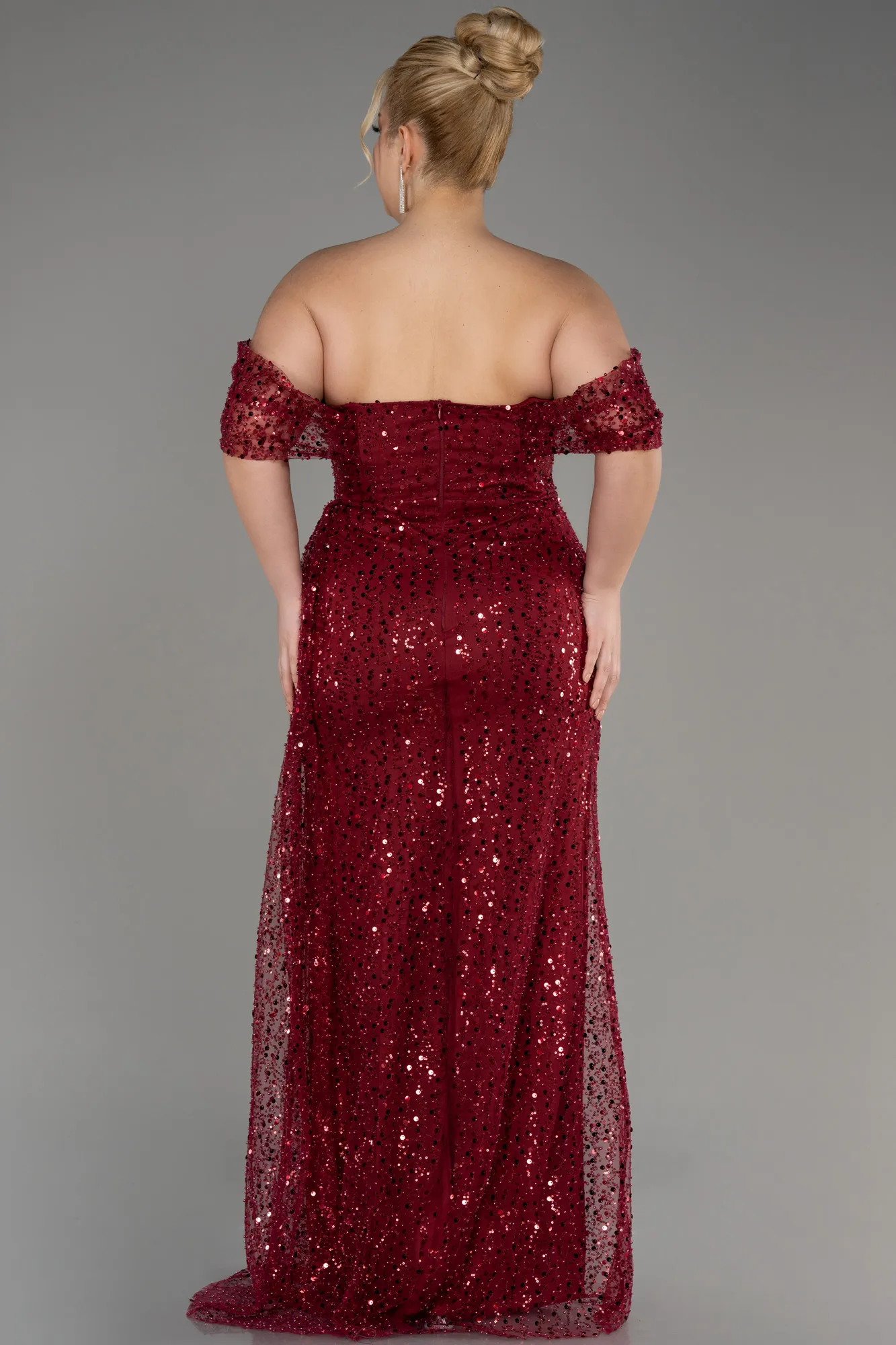 Burgundy-Long Scaly Plus Size Engagement Dress ABU3579