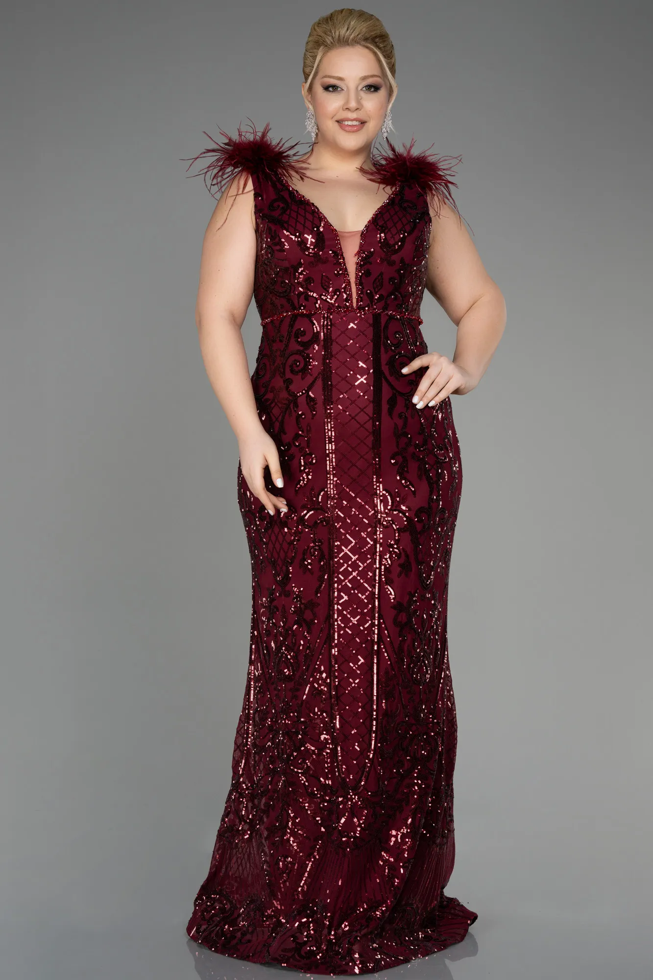 Burgundy-Long Scaly Plus Size Engagement Dress ABU3671