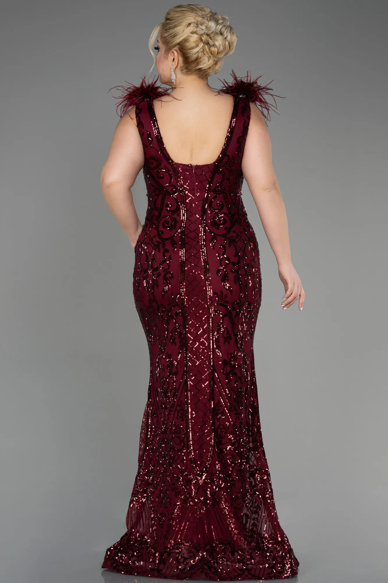 Burgundy-Long Scaly Plus Size Engagement Dress ABU3671