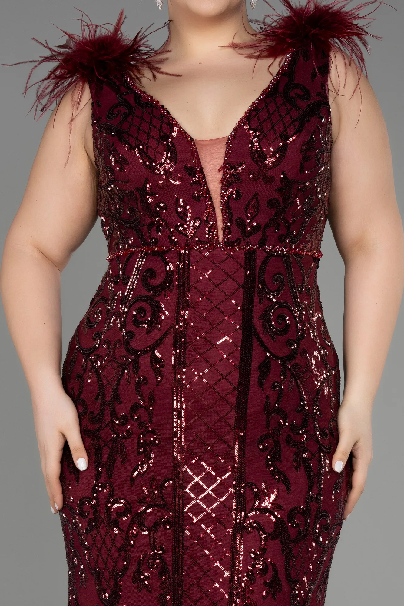 Burgundy-Long Scaly Plus Size Engagement Dress ABU3671