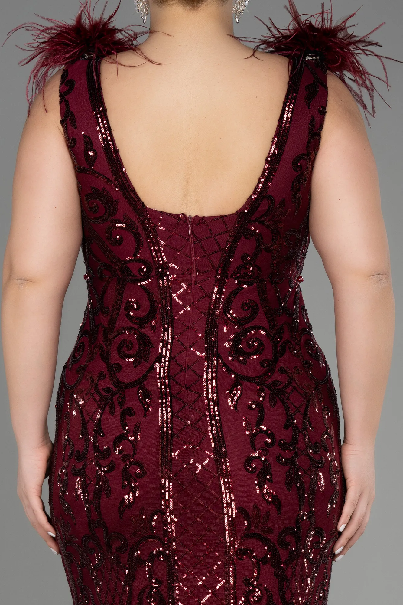 Burgundy-Long Scaly Plus Size Engagement Dress ABU3671