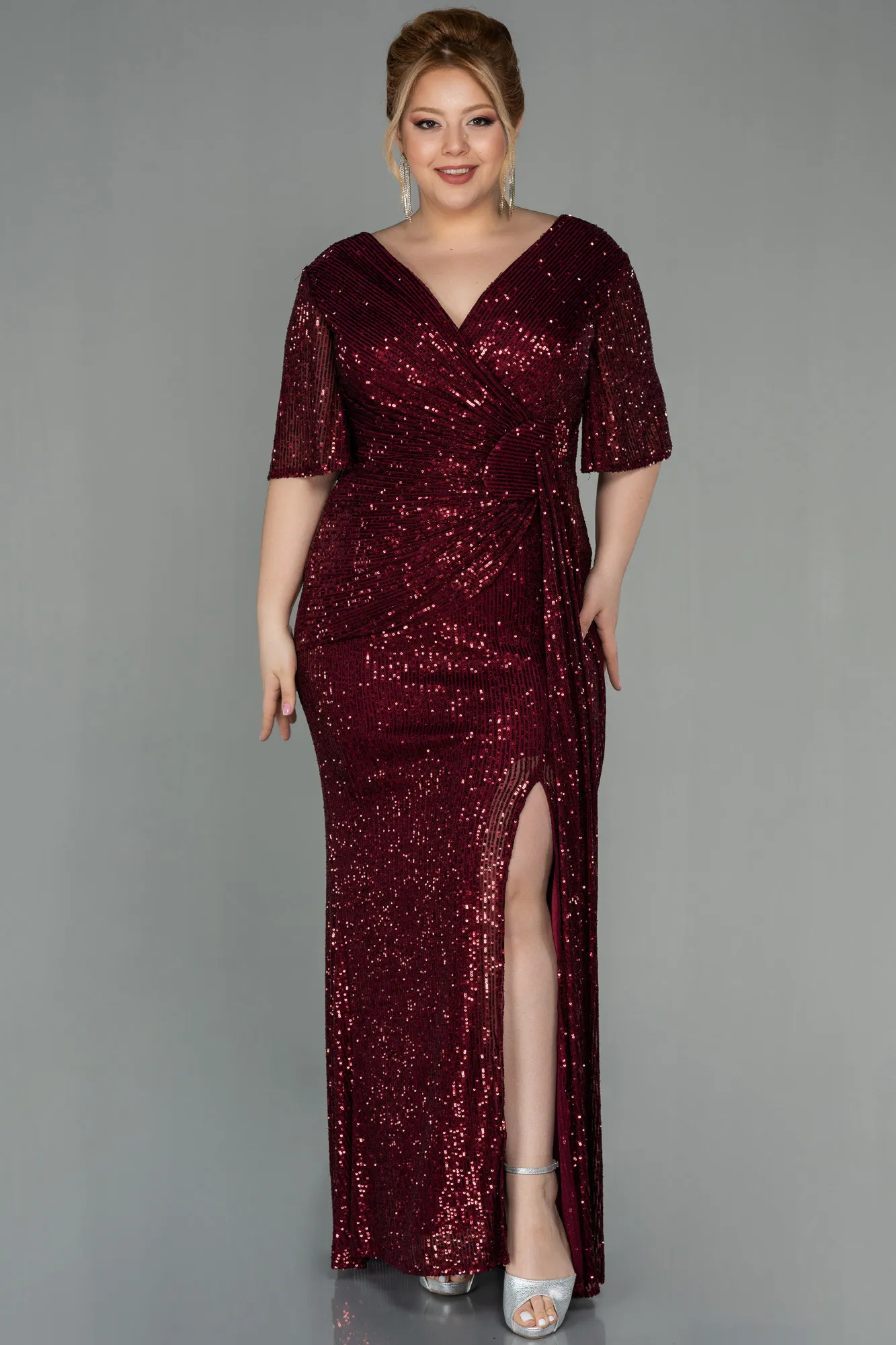 Burgundy-Long Scaly Plus Size Evening Dress ABU2796