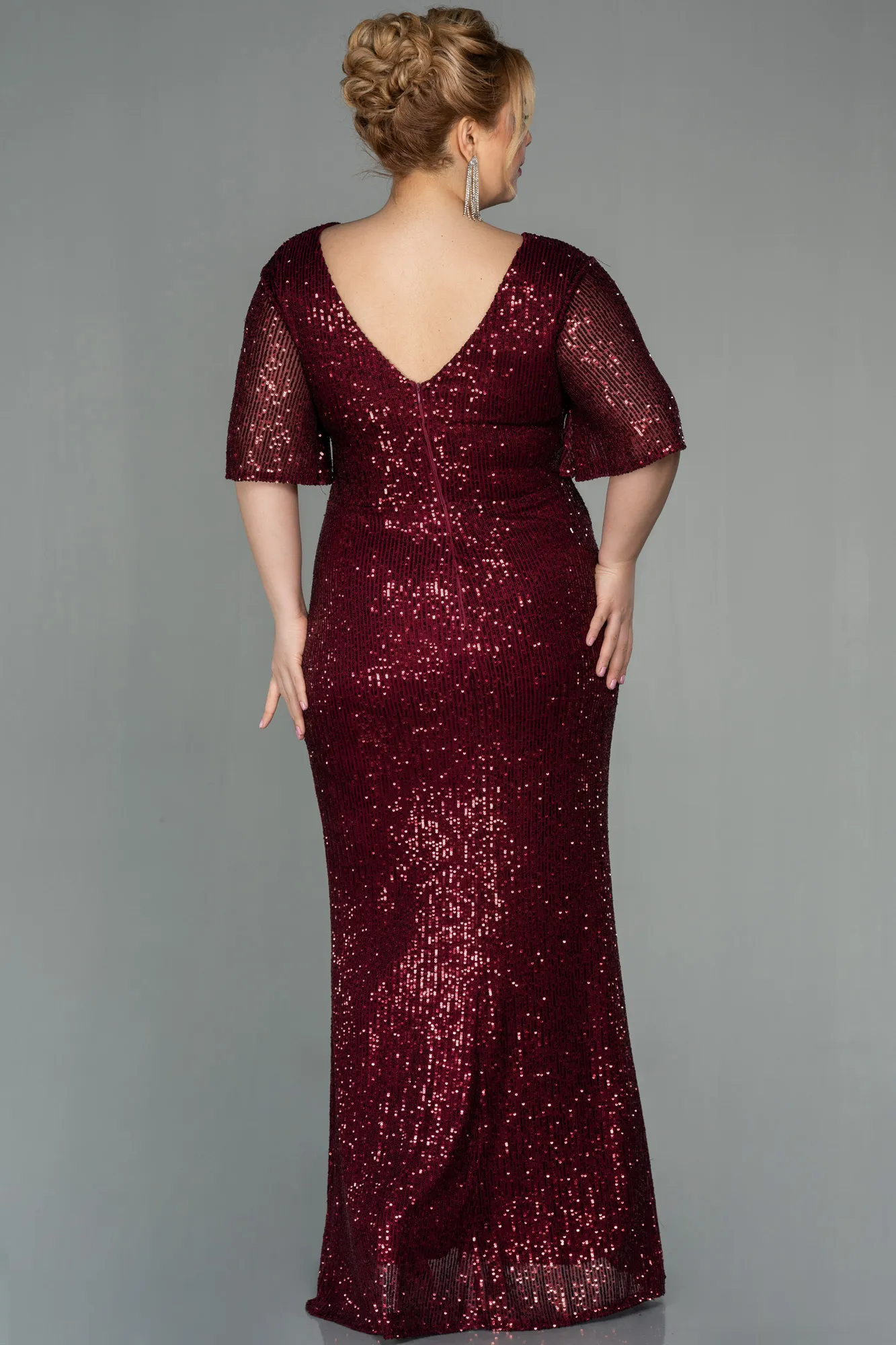 Burgundy-Long Scaly Plus Size Evening Dress ABU2796