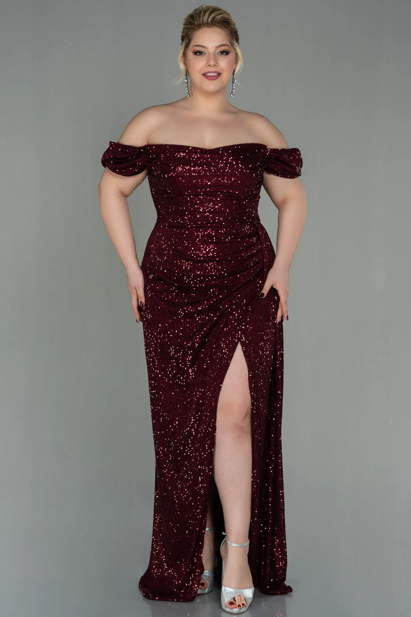 Burgundy-Long Scaly Plus Size Evening Dress ABU2973