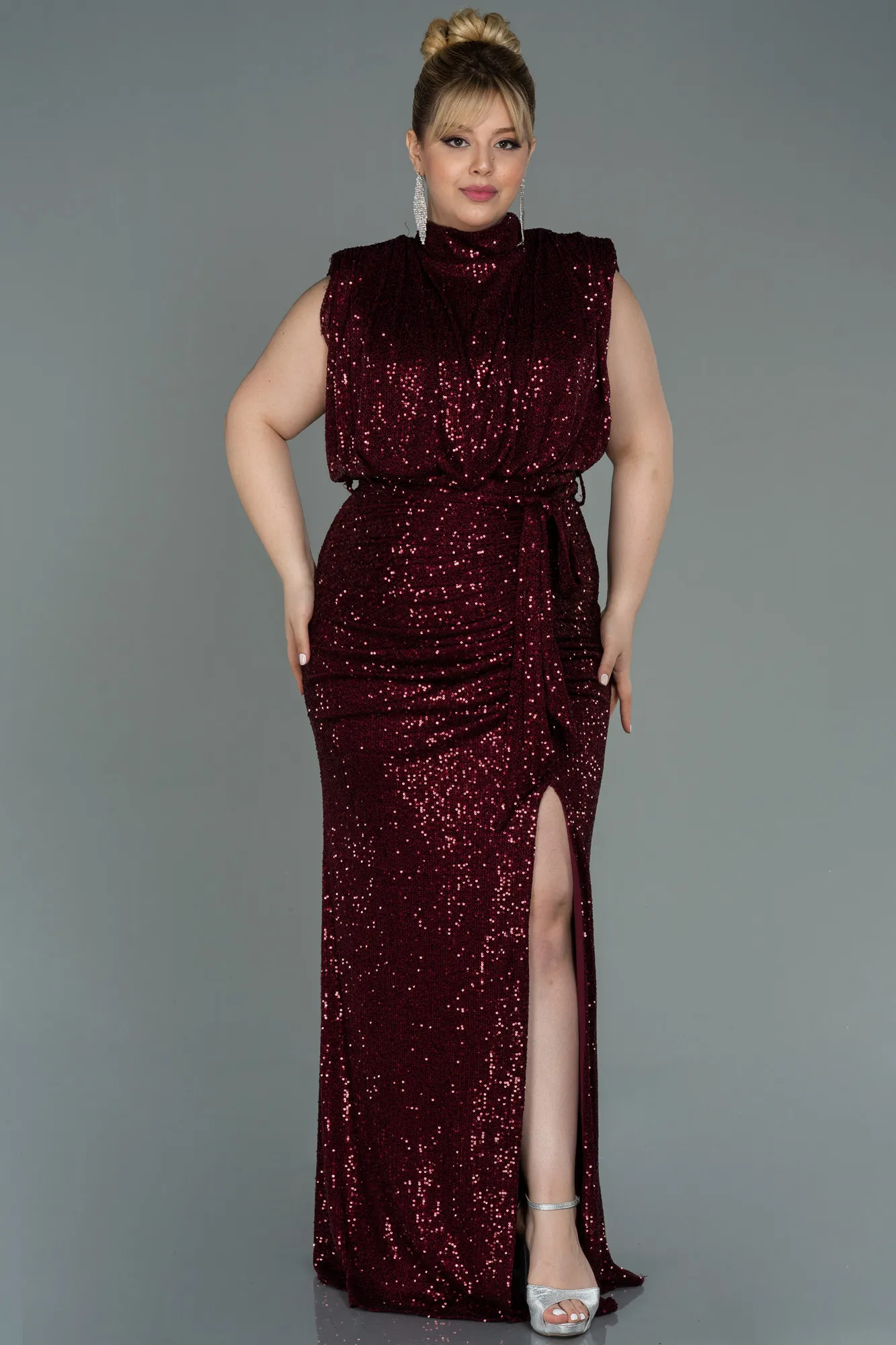 Burgundy-Long Scaly Plus Size Evening Dress ABU3115