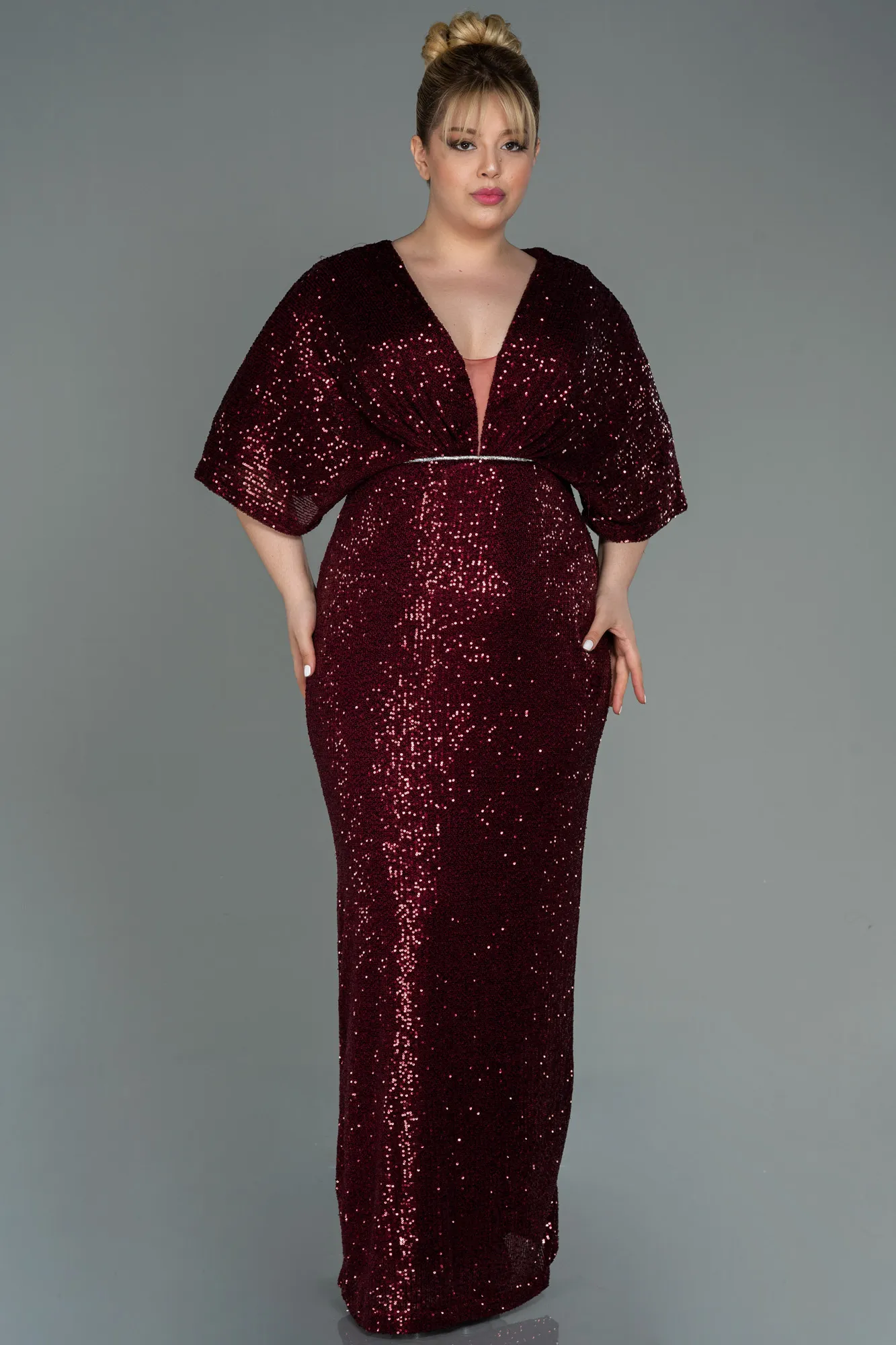 Burgundy-Long Scaly Plus Size Evening Dress ABU3123