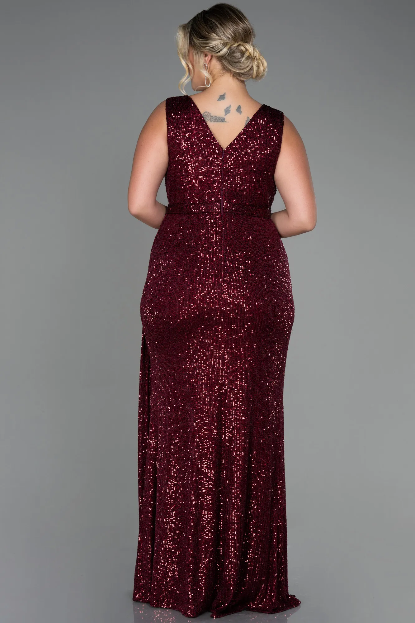 Burgundy-Long Scaly Plus Size Evening Dress ABU3194