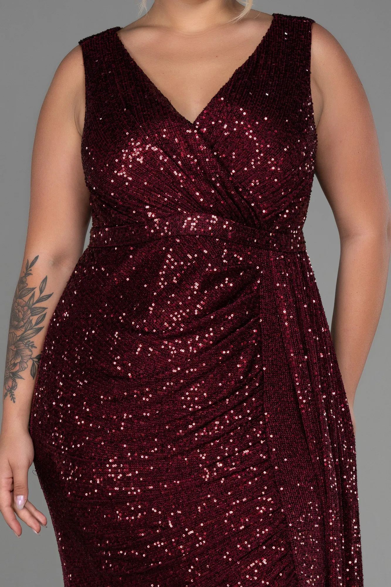 Burgundy-Long Scaly Plus Size Evening Dress ABU3194